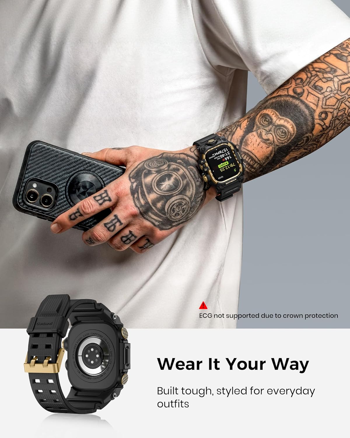 amBand Rugged Case with Band for Apple Watch 45mm, Compatible with Apple Watch (iWatch) Series 9/8/7, Military Grade Shockproof Bumper Cover, Tactical Band for Men, Black Gold - Image 8