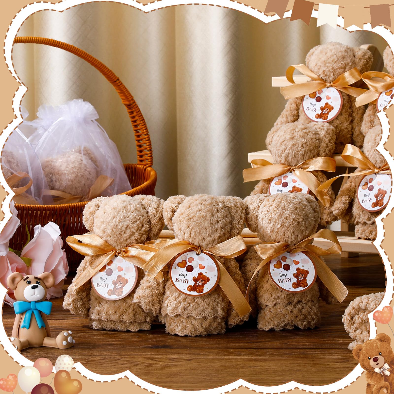 Mindsoft Juego de 24 regalos de baby shower con toalla de oso de forro polar coral, bolsas de organza y tarjetas, toalla de baño suave para regalo, baby shower, bautizo, fiesta