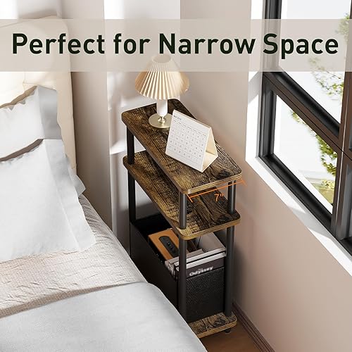 Miniatura 7 de Mesa auxiliar estrecha con cesta de tela, 7 pulgadas de ancho, mesa auxiliar delgada de 3 niveles con patas de madera, mesita de noche delgada para