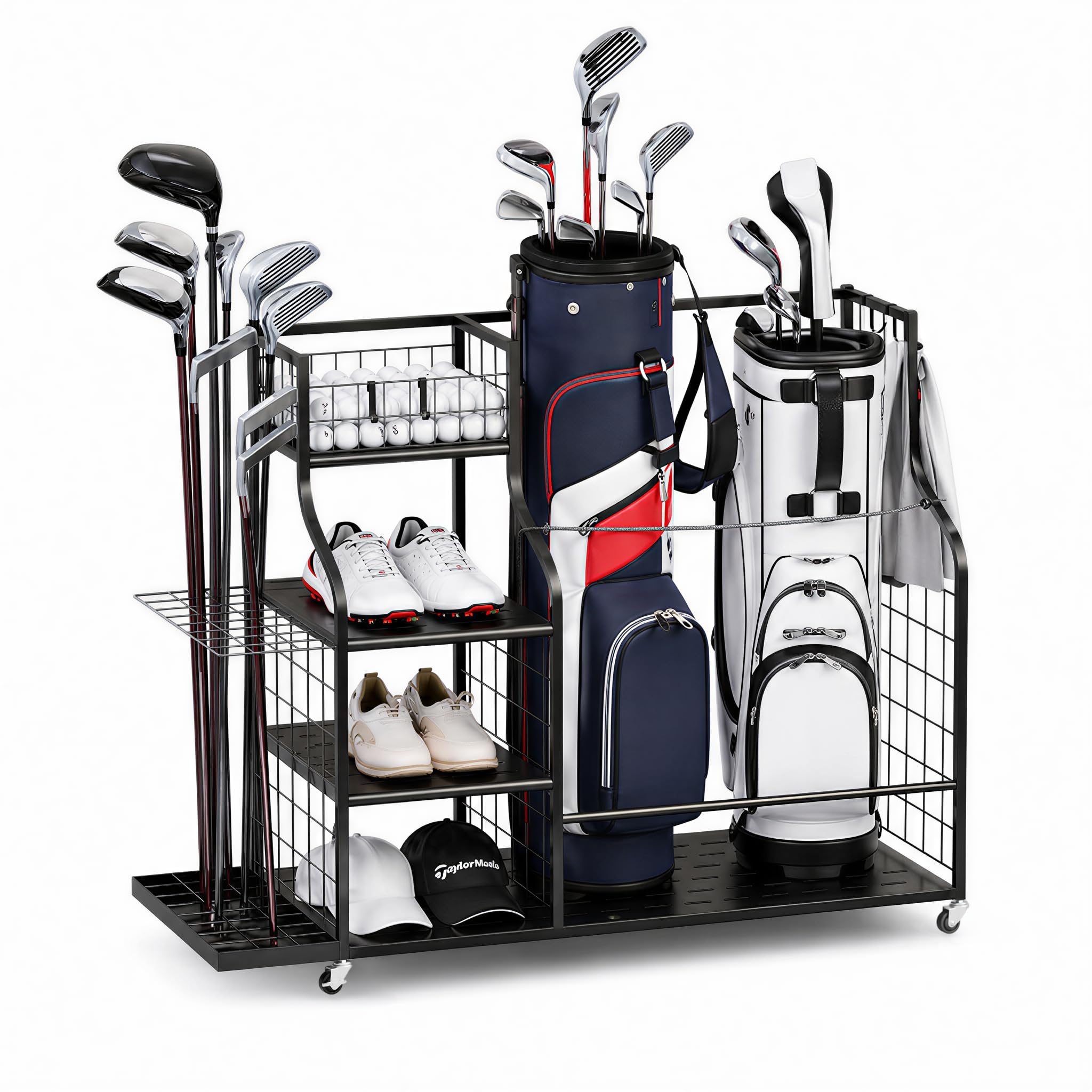 Golf Bag Storage Organizer with Wheels, Garage Golf Equipment Rack for 2 Golf Bags, Clubs, Shoes &amp; Accessories Heavy Duty Metal Stand for Garage, Basement, Home or Shed
