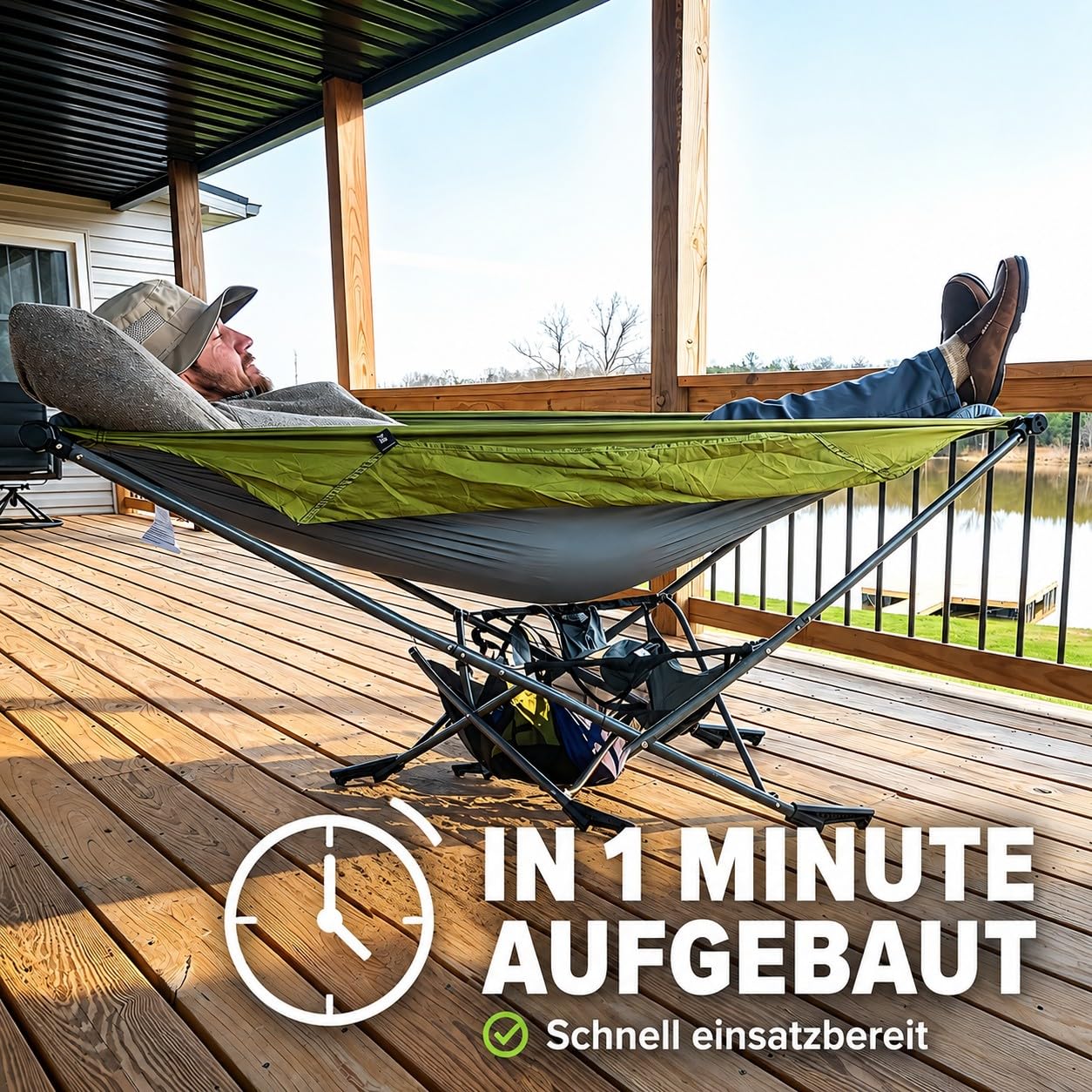 LET'S CAMP Hängematte mit Gestell, Mock ONE® freistehende Garten-Hängeliege mit UPF 50+ Sonnendach, 210T Fallschirmnylon, Stahlrahmen bis 113kg, klappbar & tragbar für Garten/Balkon/Terrasse/Camping