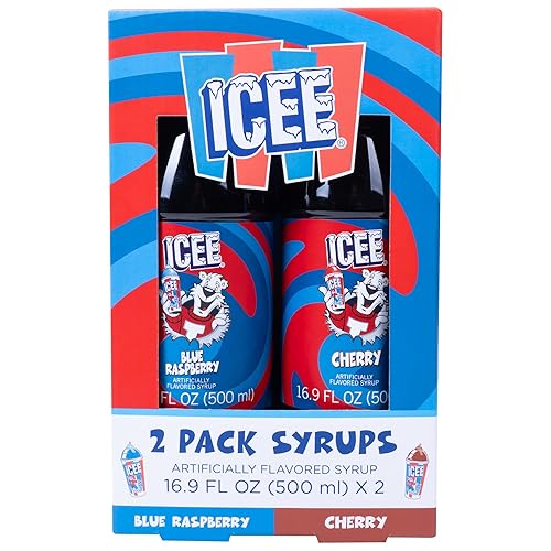 Icee - Paquete de 2 jarabes para granizados de hielo. Jarabes auténticos de hielo que incluyen sabores de frambuesa azul y cereza roja. 2 botellas