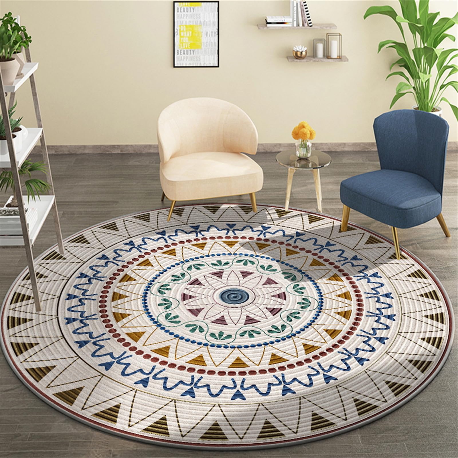 Odot Alfombra para Silla de Escritorio Redonda, Estilo Mandala Retro Alfombra Protectora Suelo Silla Ruedas Antideslizante Gaming, Tapete de Protección de Oficina para Suelos (Azul Verde,60cm)
