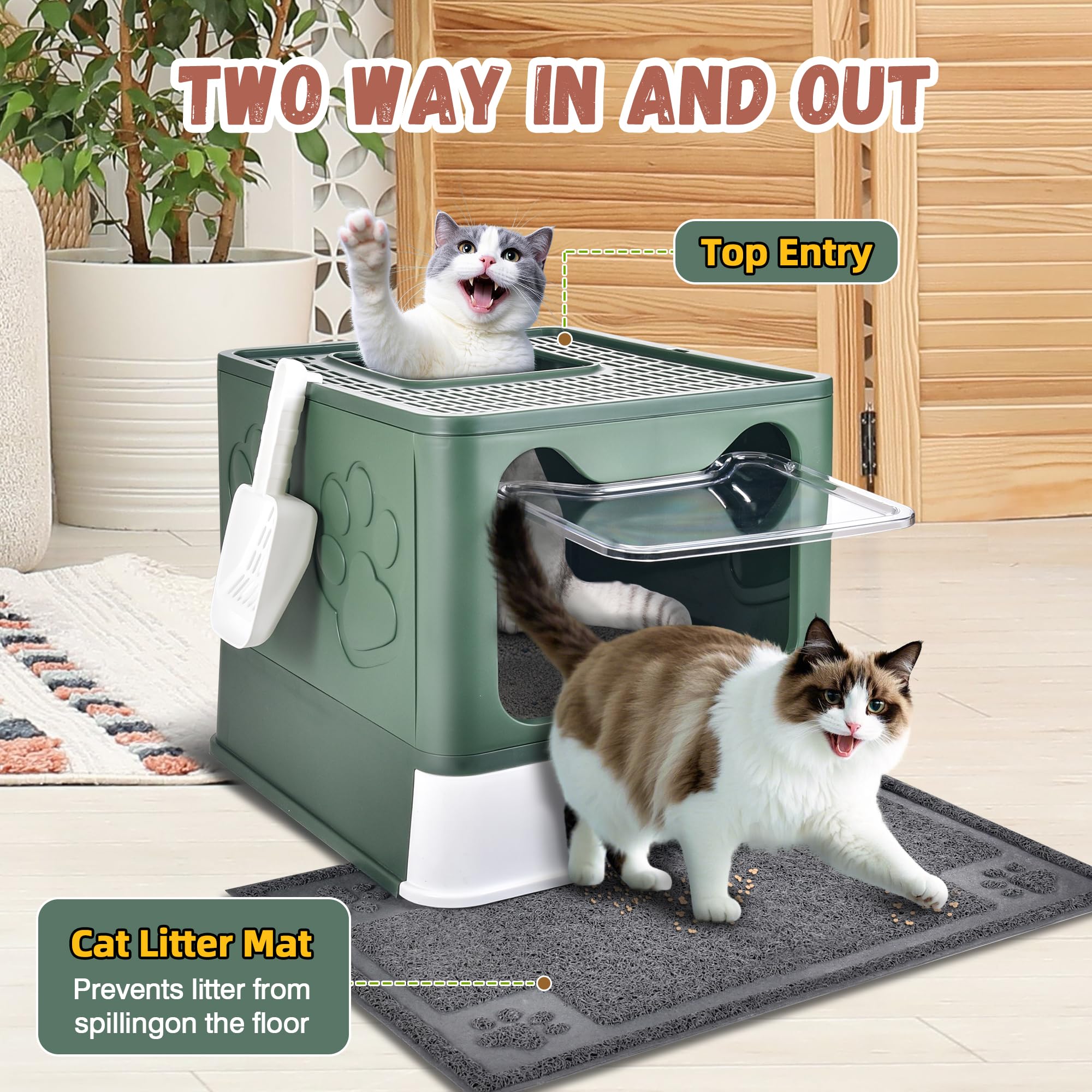 Caja de arena para gatos cerrada con tapa, orinal plegable, tipo cajón, caja de arena extra grande con alfombrilla, libre de gatitos dentro y fuera/unidireccional, control de olores, antisalpicaduras
