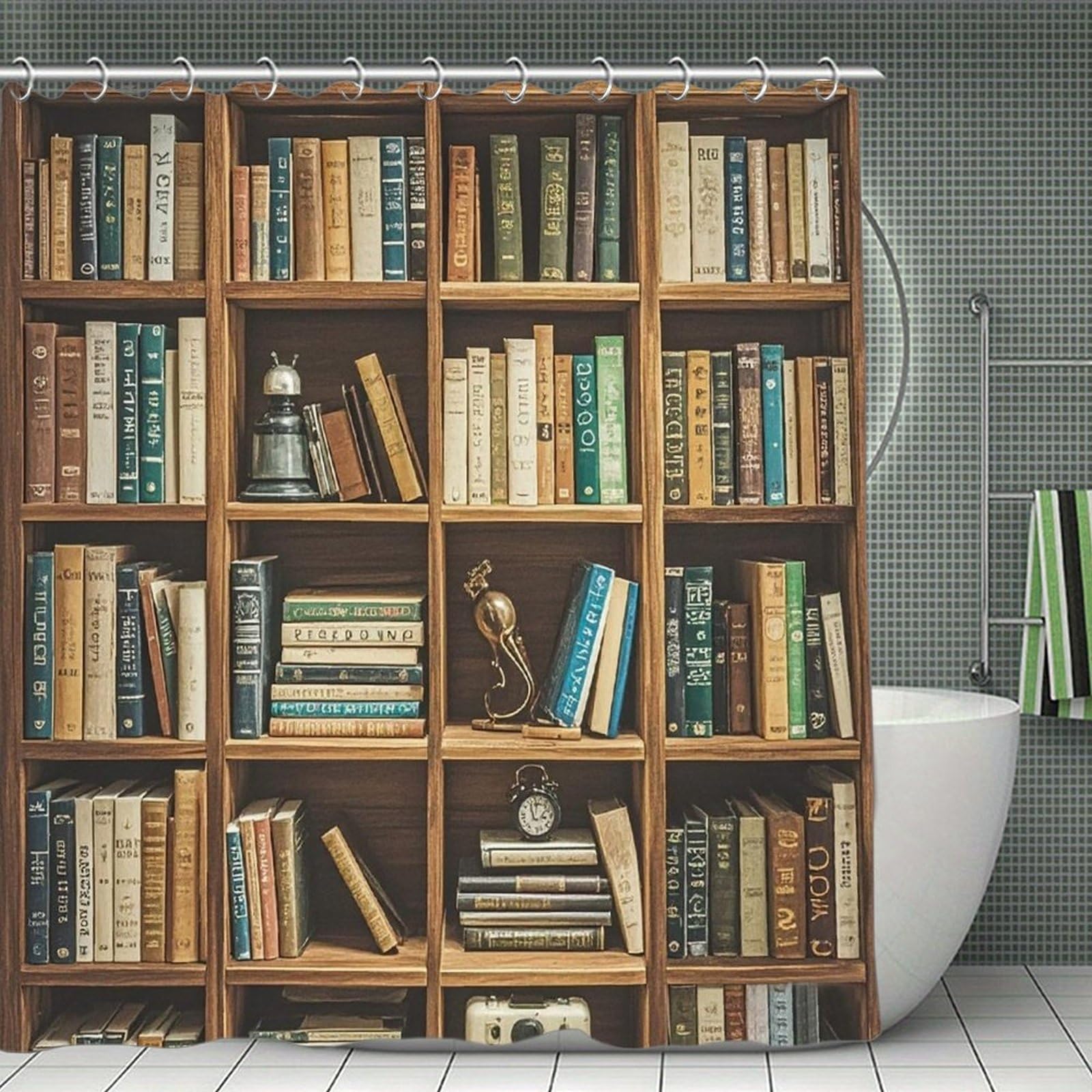 VstaDank Retro Bookshelf Shower Curtain Light-Weight Blackout Bathroom Curtain Washable Shower Liner 71x71 Inch Bath Curtain with Metal Holes Bathtub Bath Room