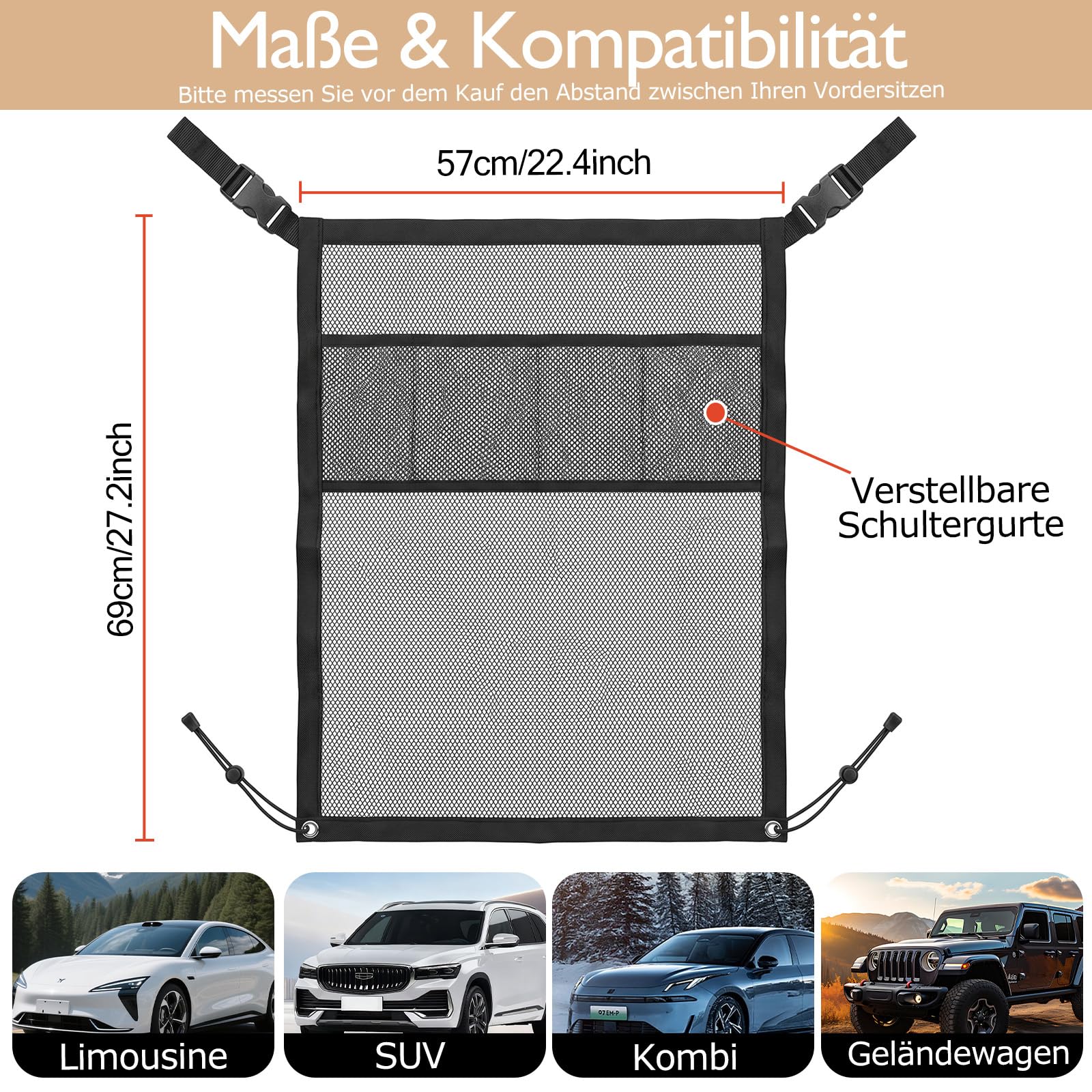 Hundegitter Auto Mit Aufbewahrungstaschen Universal Trennnetz Hund, 69*56cm | Hundenetz Auto Rückbank|Auto Hunde Rückbank Barriere|Auto Hundenetz Sicherheitsnetz|Gepäcknetz Kofferraum Netz|Netz Innenraum