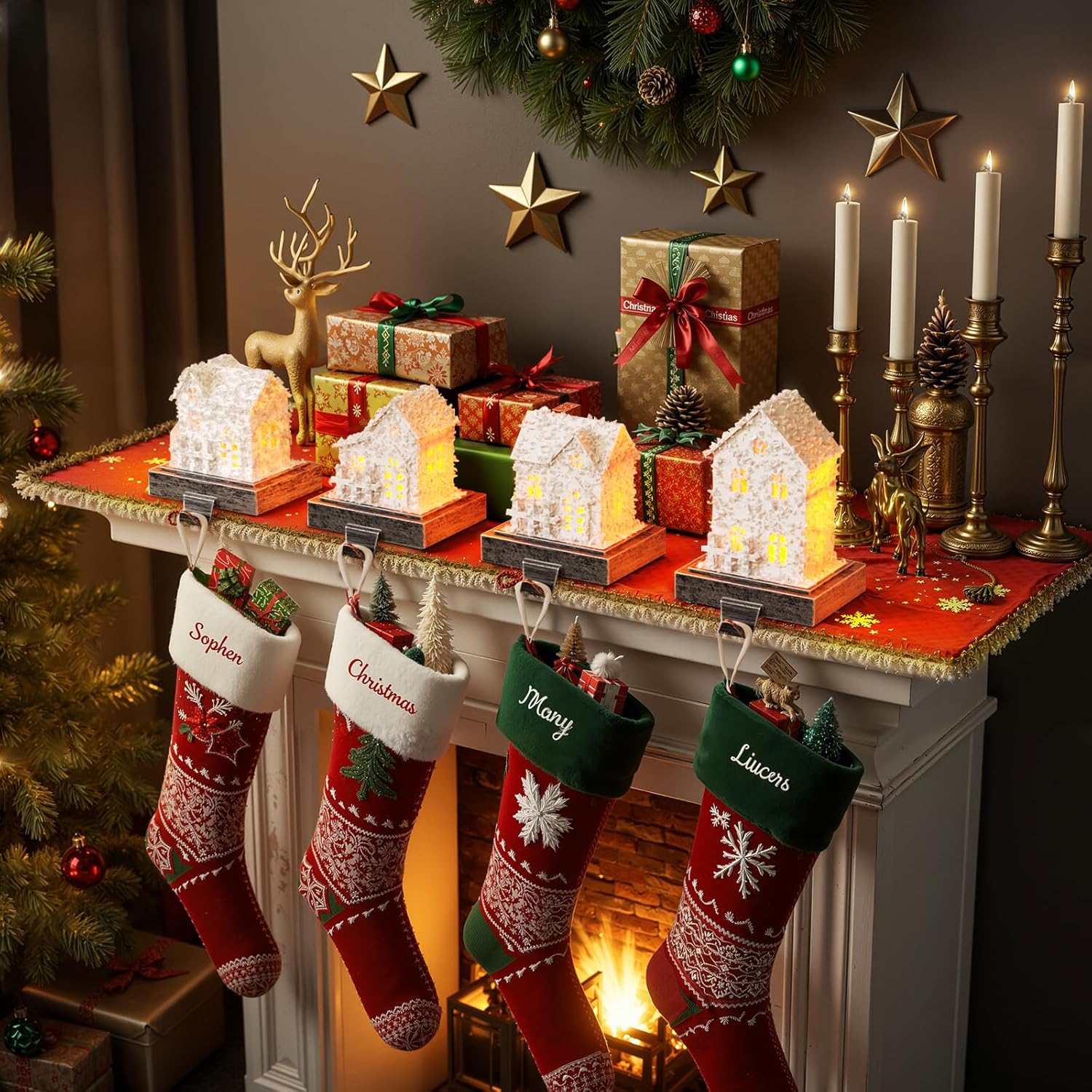 Stocking Holders for Mantle and Garland Hanger, 4-Piece Resin Fireplace Hooks with LED Lights, Perfect for Christmas décor and Holiday Party setups