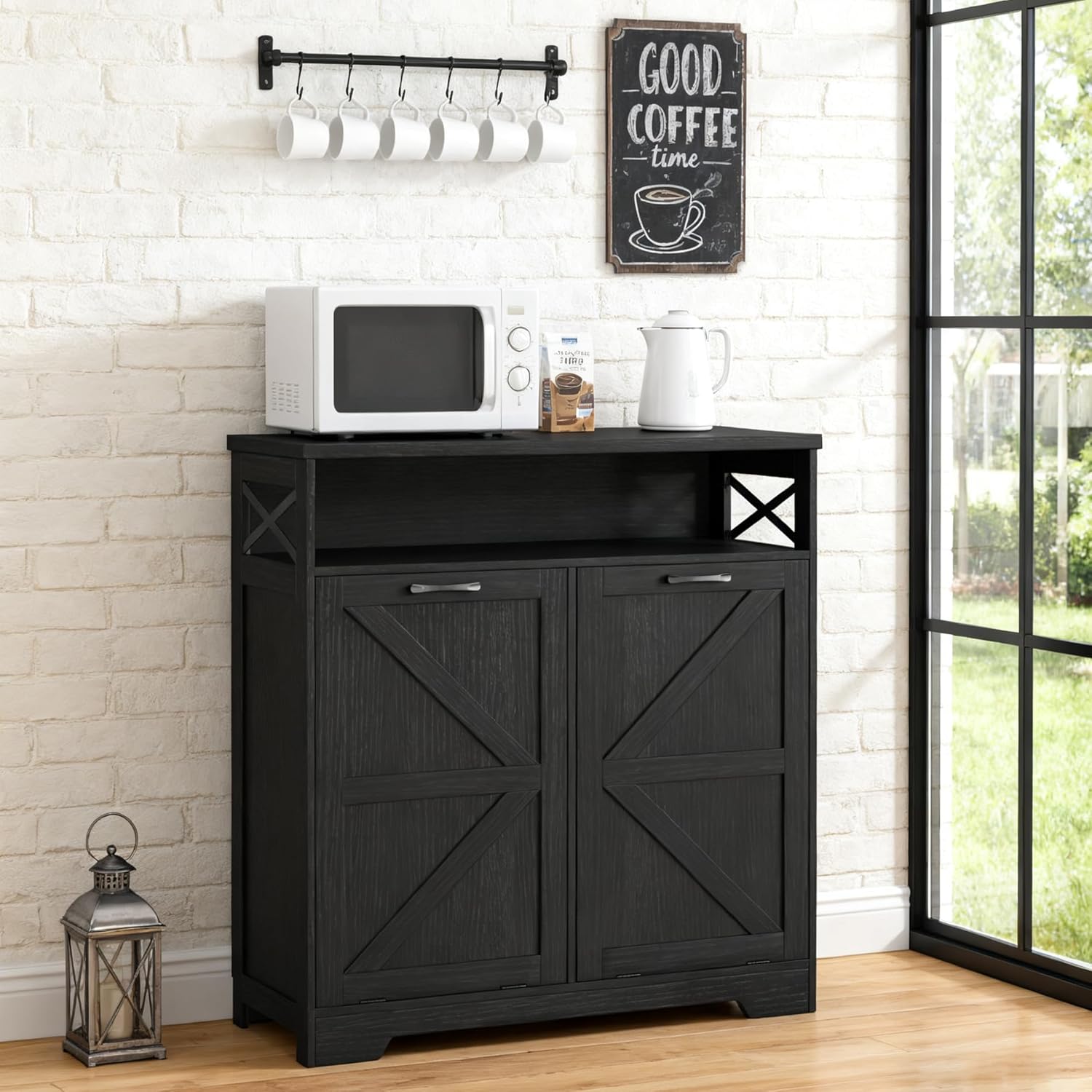 Befrases Tilt Out Trash Can Cabinet for 13 * 1 Gallon Trash Can, Farmhouse Kitchen Island Cabinet with Adjustable Shelf for Hidden Laundry Basket, Dog Proof Garbage Can for Dining Living Room, Black