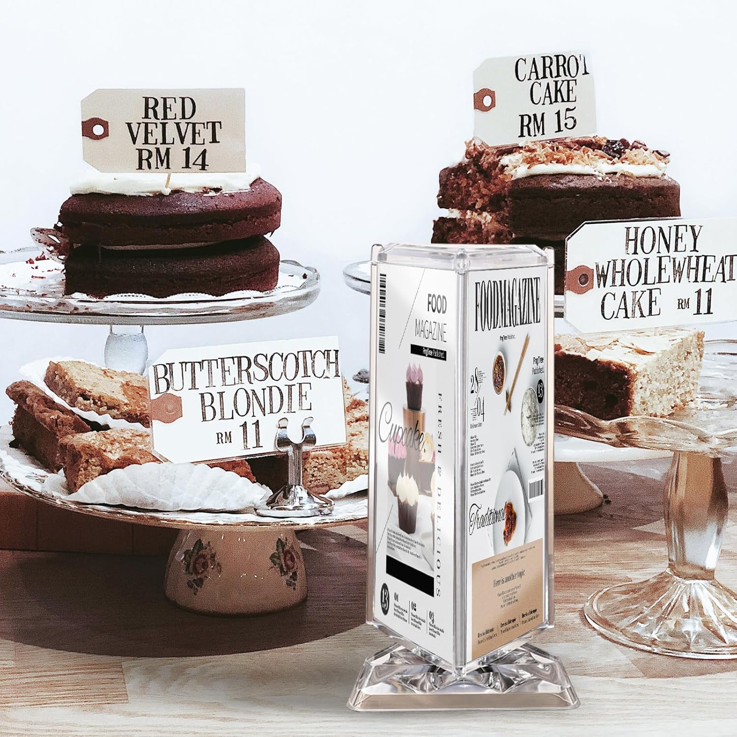 Rotating Acrylic Sign Holder with 3 Side for Restaurant Coffee Menu Clear Tabletop Holders fit 7x3“ x3 Page