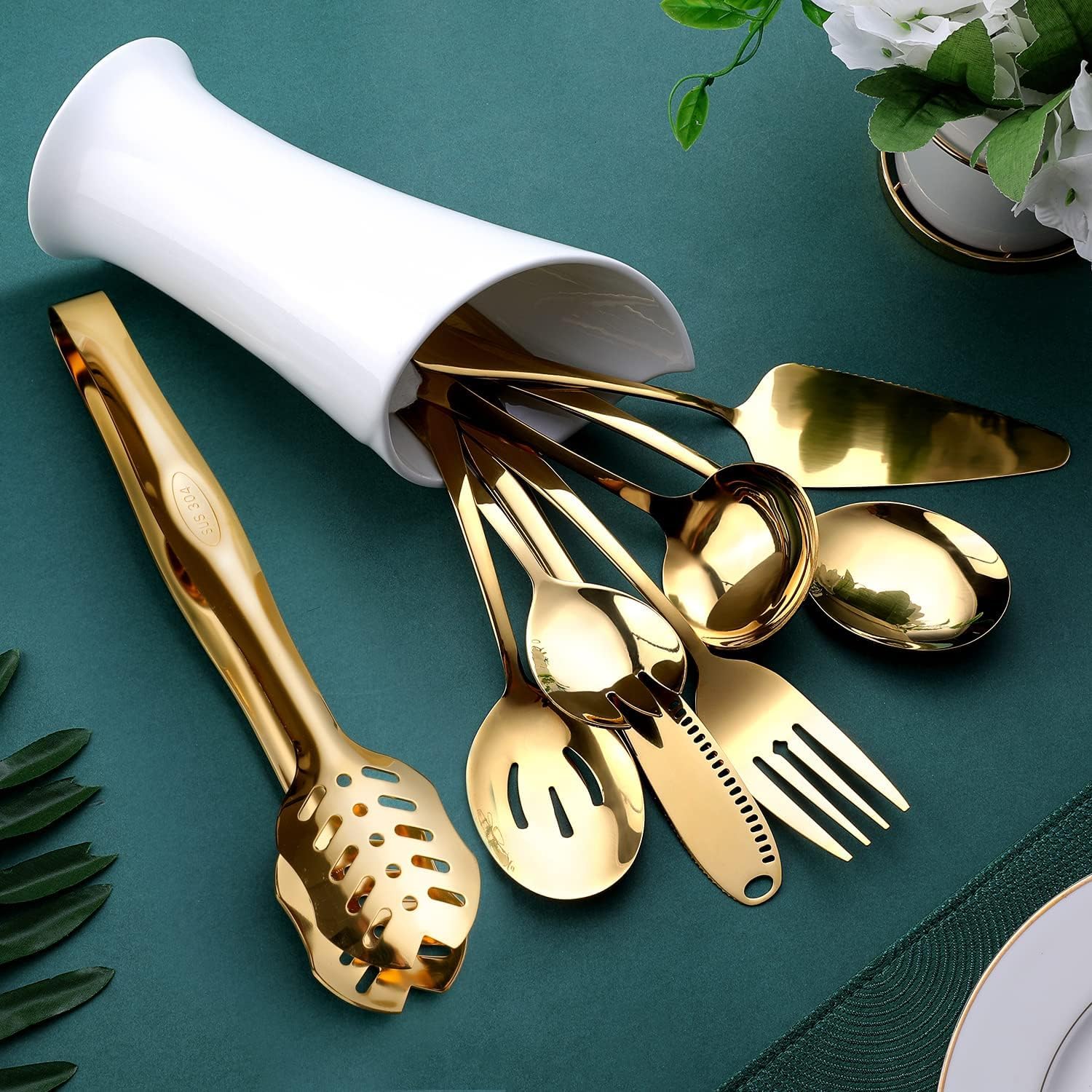Gold Stainless Steel Serving Utensils Set, 5 Pcs - 10.8 Inch Serving Fork, 10.3 Inch Slotted Spoon, Sugar Spoon, Butter Knife For Buffet