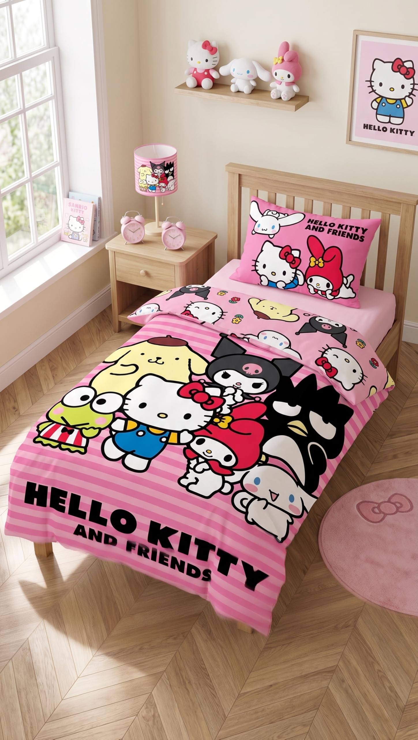 Brandmac Pink Lined Hello Kitty And Friends Baby Duvet Cover 100X135 + Pillowcase 40X60 Pink