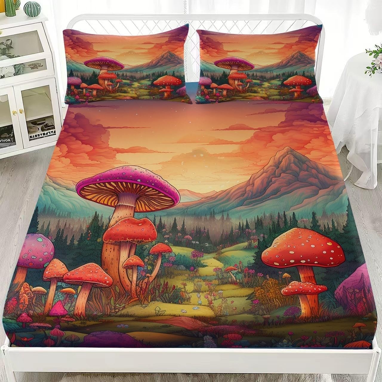 Magic Mushroom Small Double Fitted Sheet Mountains Bed Sheets Deep Pocket 12 inch (30 cm) Soft Cozy 3 Piece Microfibre Bed Sheet 120x190 cm with 2 Pillowcases 50x75 cm
