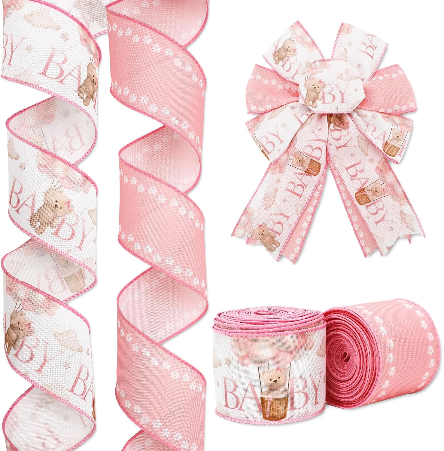 JarThenaAMCS Baby Shower Wired Edge Ribbon Pink Bear Paw Craft Ribbon Fabric Ribbons for Wreath Bow DIY Wrapping Gender Reveal Party Diaper Cakes Decor, 2 Rolls, 20 Yard