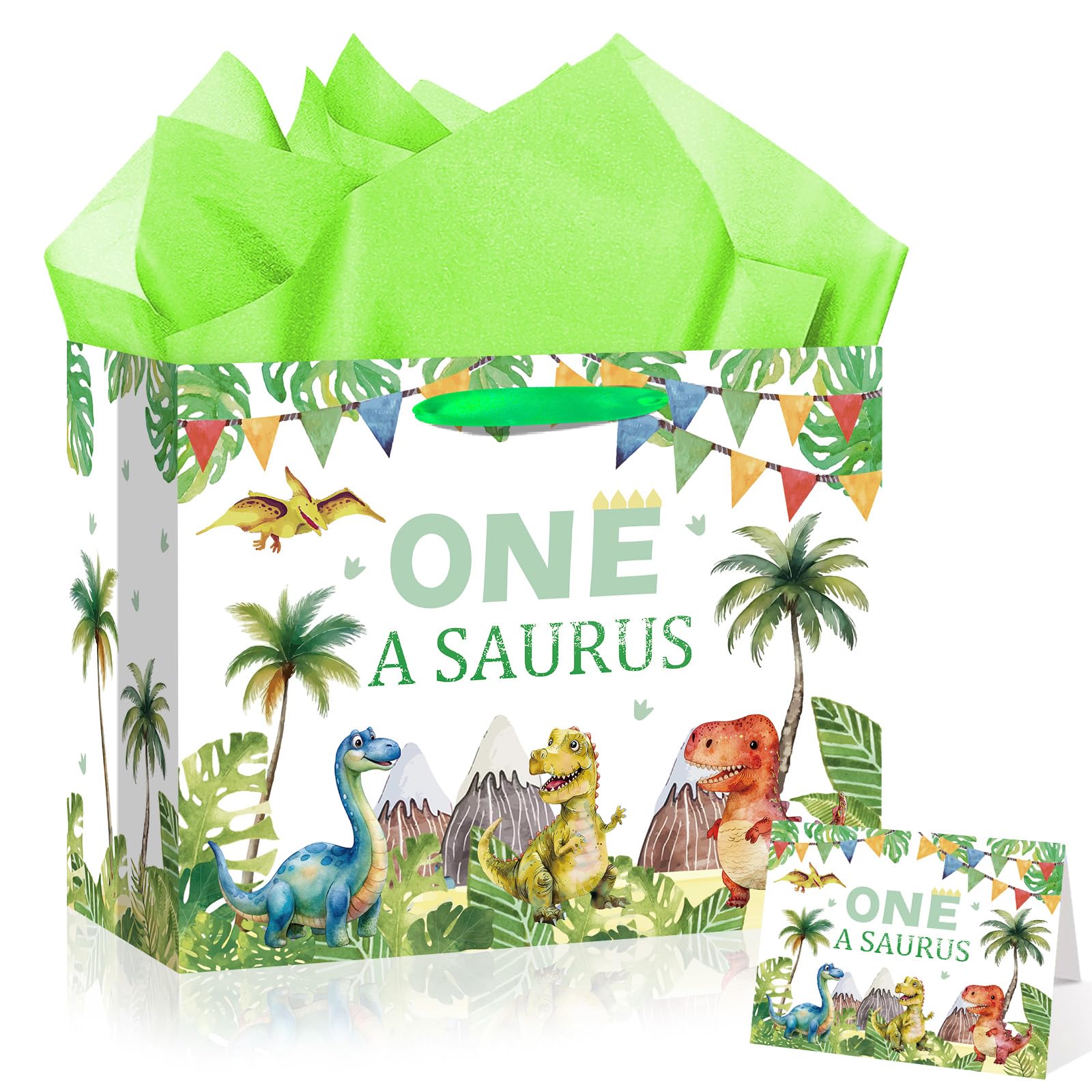 Woosytoo Baby Boys 1st Birthday Gift Bag One a Saurus Decorations Dinosaur First Birthday Gift Wrapping Paper Bag with Tissue Paper for Dino One Years Old Party Favor Supplies