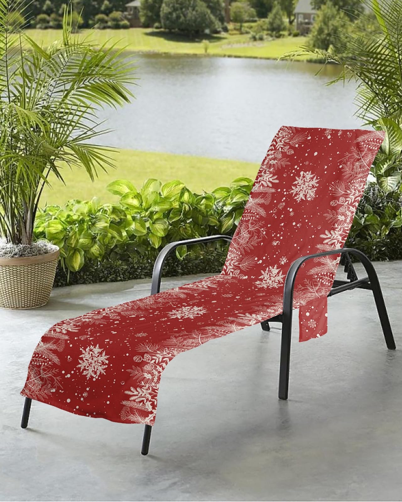Snowflake Beach Chair Towel Covers for Chaise Lounge with Side Pocket, Soft Plush Pool Towels Cover for Patio Sunbathing Outdoor 29''x85'' Winter Christmas Pine Tree Leaves Watercolor