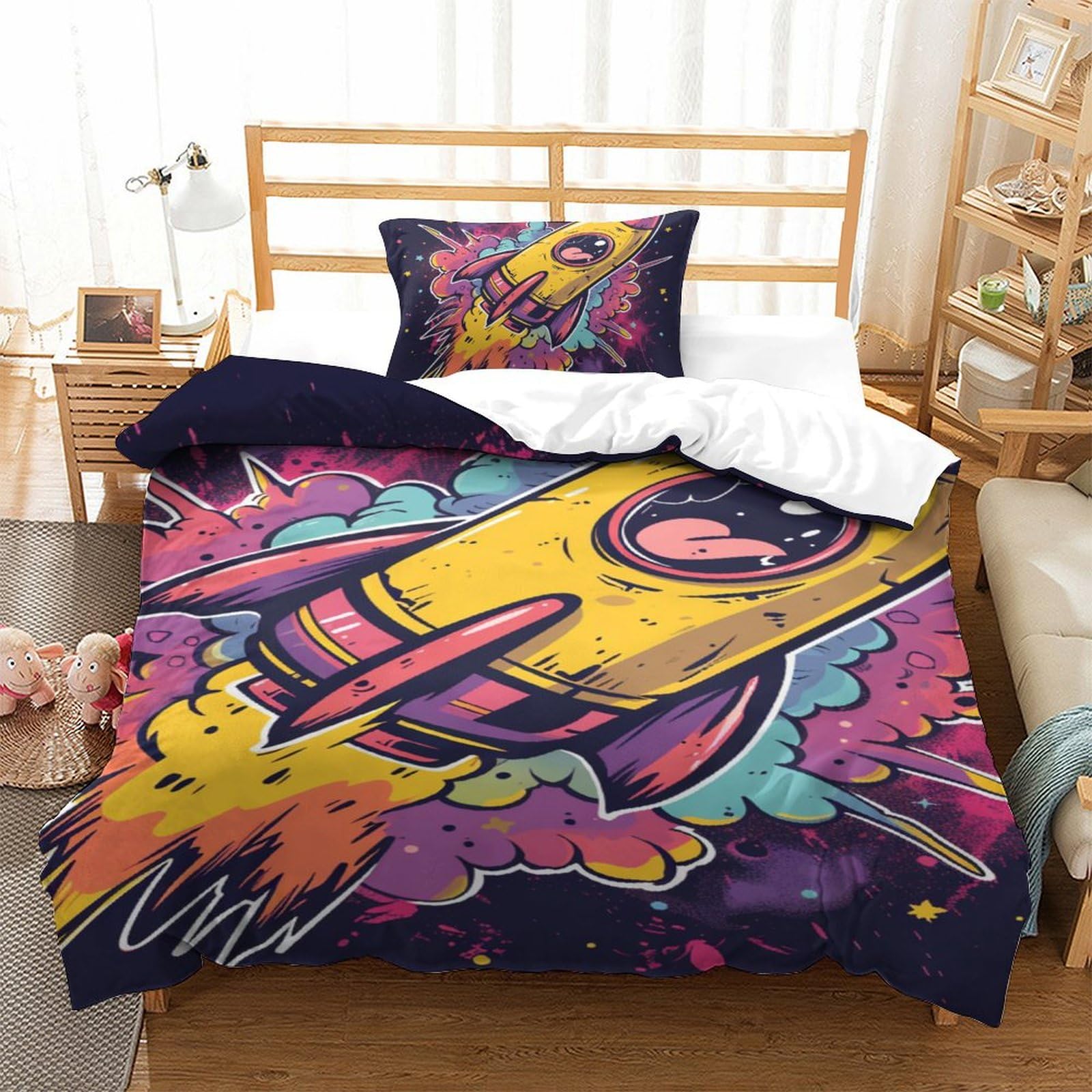 Housse de couette fusée 3D microfibre facile à laver sans repassage pour lit enfant rétif