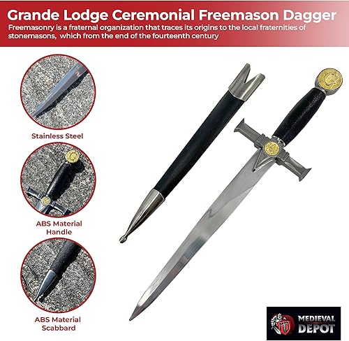 Miniatura 3 de MedievalDepot Dagas ceremoniales masónicas y medievales diseños de masones, estrellas ardientes y caballeros templarios (gris, negro, dorado)