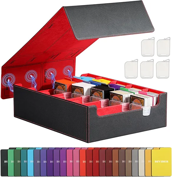 TiMOVO Trading Cards Storage Box, 3800+ MTG Card Deck Box with 24 Colorful Dividers & 5 Card Supporters, 5 Rows Magnetic Leather Commander Deck Box Fits MTG Yugioh TCG Magic Game Cards, Black+Red