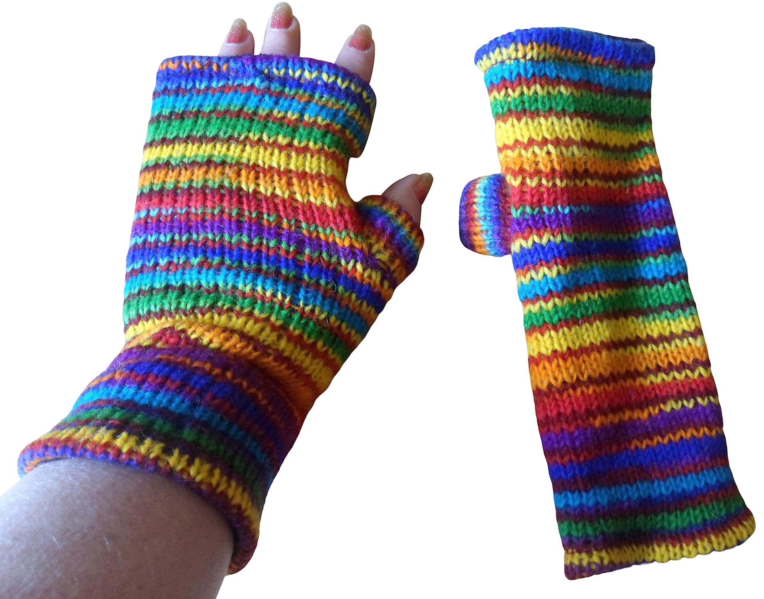 NATURAL FLOW Rainbow Stripe Fleece Lined Wool Hippy Boho Tube Fingerless Gloves Wrist Warmers