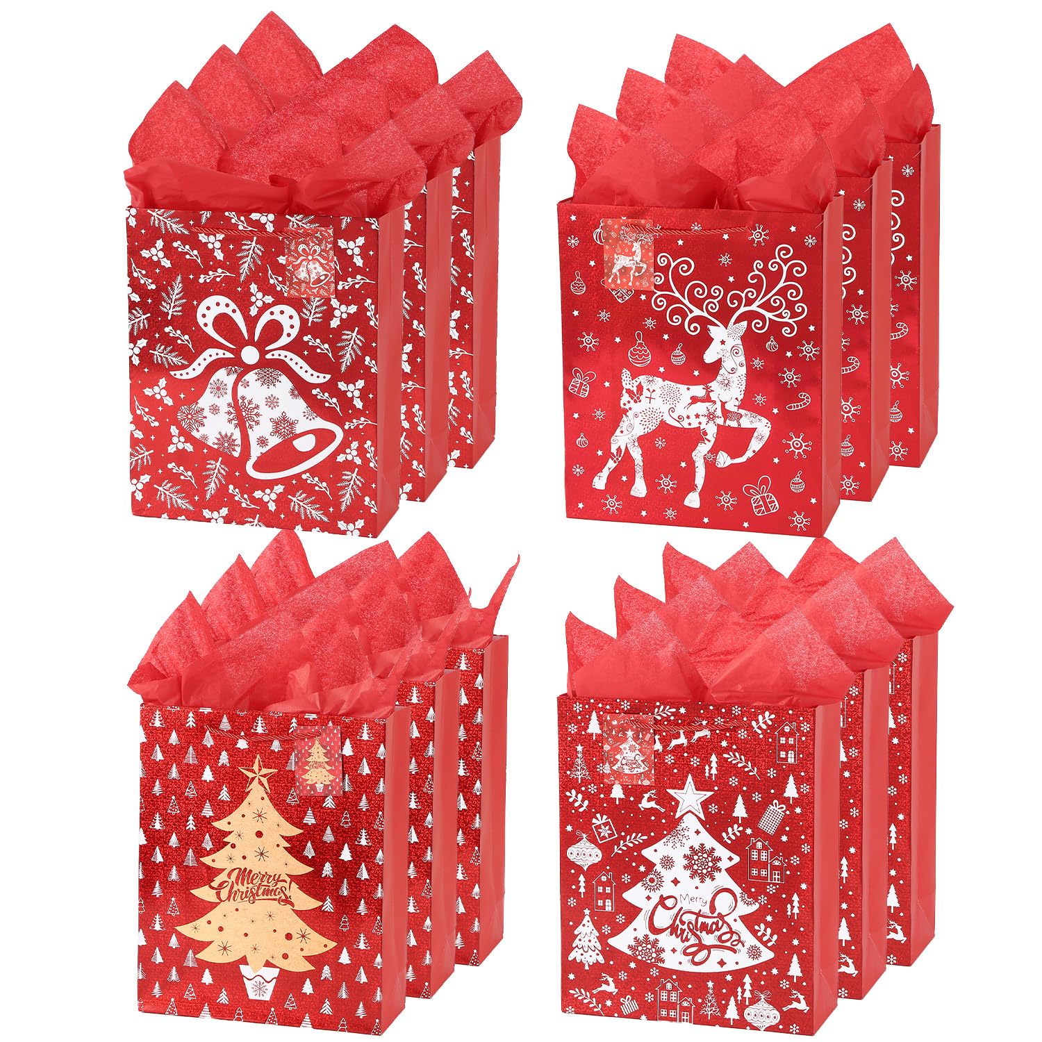 12Pack Red Christmas Gift Bags with Tissue Paper,4 Pattern,18 x 23 x 10 cm