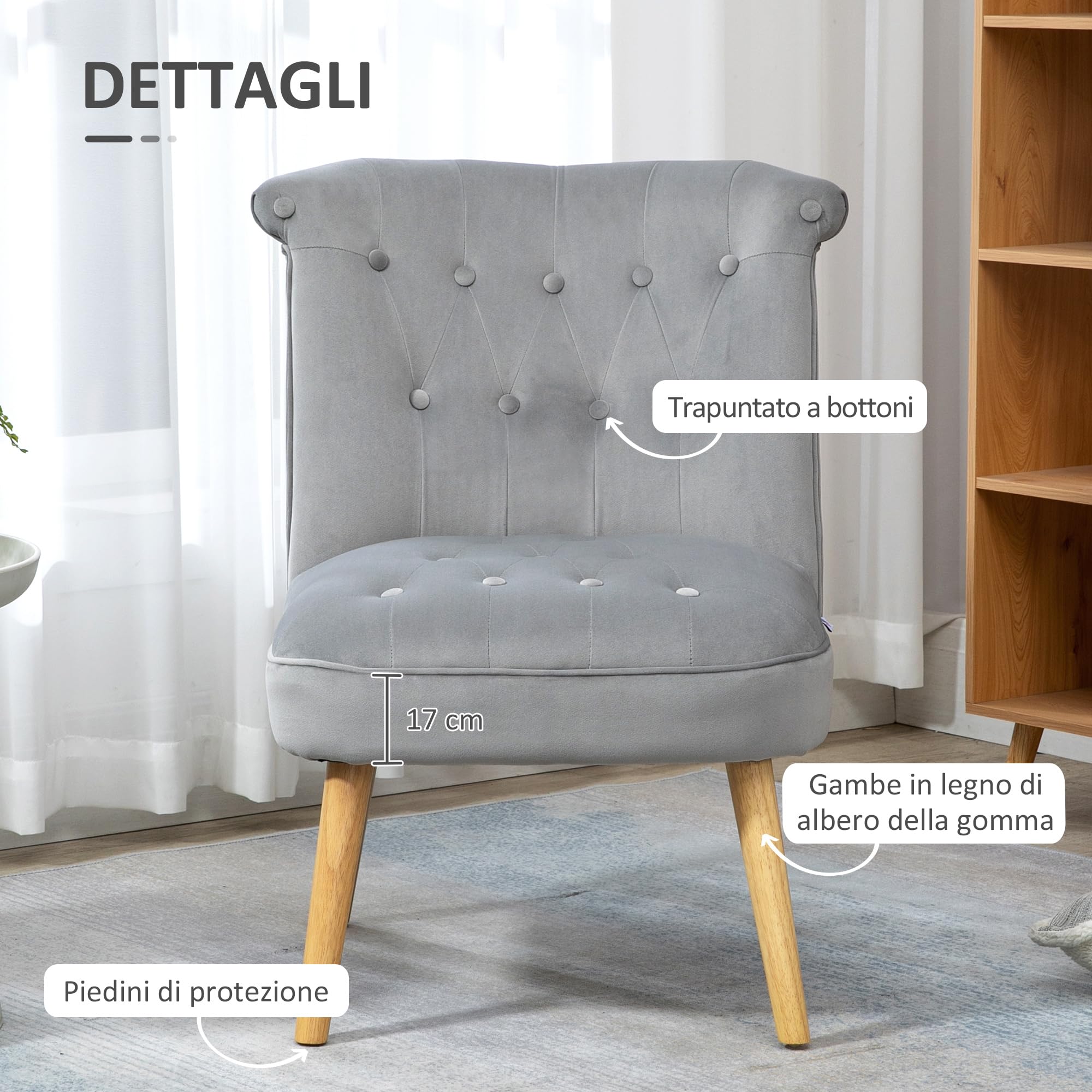 HOMCOM Poltrona per Soggiorno e Sala da Pranzo con Seduta Imbottita, Poltroncina da Camera con Gambe in Legno e Tessuto Effetto Velluto, 60x66x79 cm, Grigio