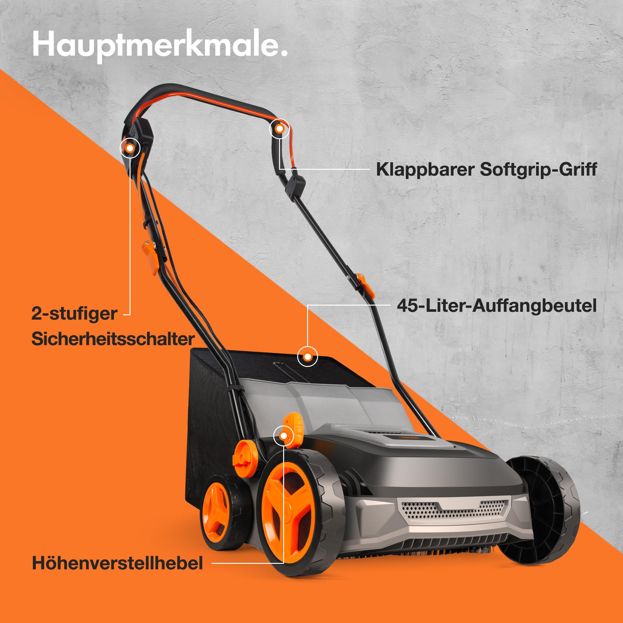 VonHaus Kunstrasenbürste 1800W, Laubsammler für Kunstrasen, Elektrische Kunstrasen Kehrmaschine Reiniger, 45 L Fangsack, 5 Einstellbare Höhen, 380 mm Arbeitsbreite, Klappbarer Handgriff