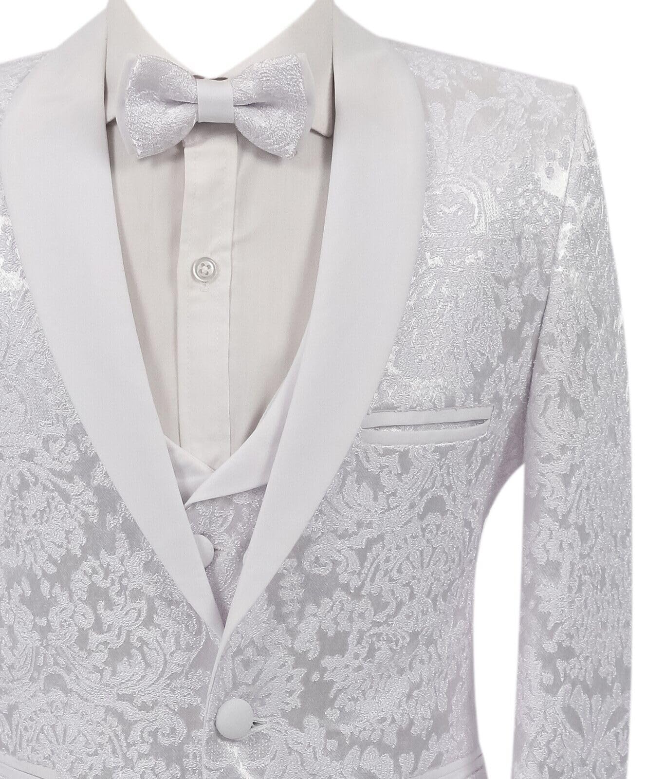 SIRRI Ragazzi Smoking Slim Fit Fantasia Abito Formale Comunione Ballo di fine Anno Matrimonio 5 Pezzi Set Completo in Bianco