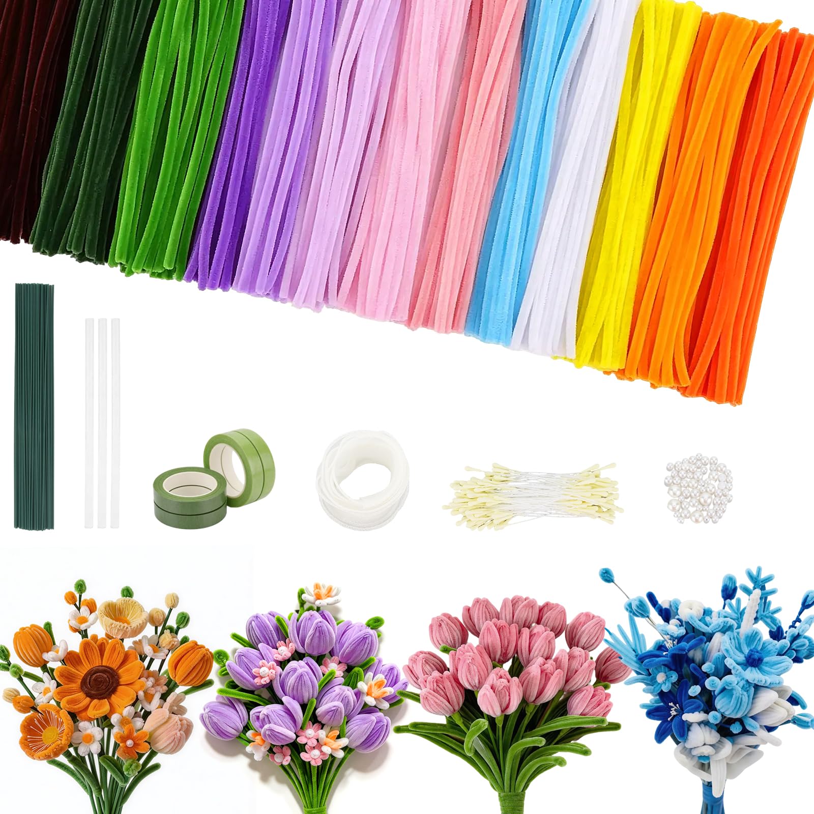 800Pcs Pipe Cleaners Craft Flowers Kit, Fuzzy Chenille Stems with Flower Stems, Stamens, Floral Tape & Ribbon, 30cm Pipecleaners for Arts, Projects & DIY Decorations — image 1
