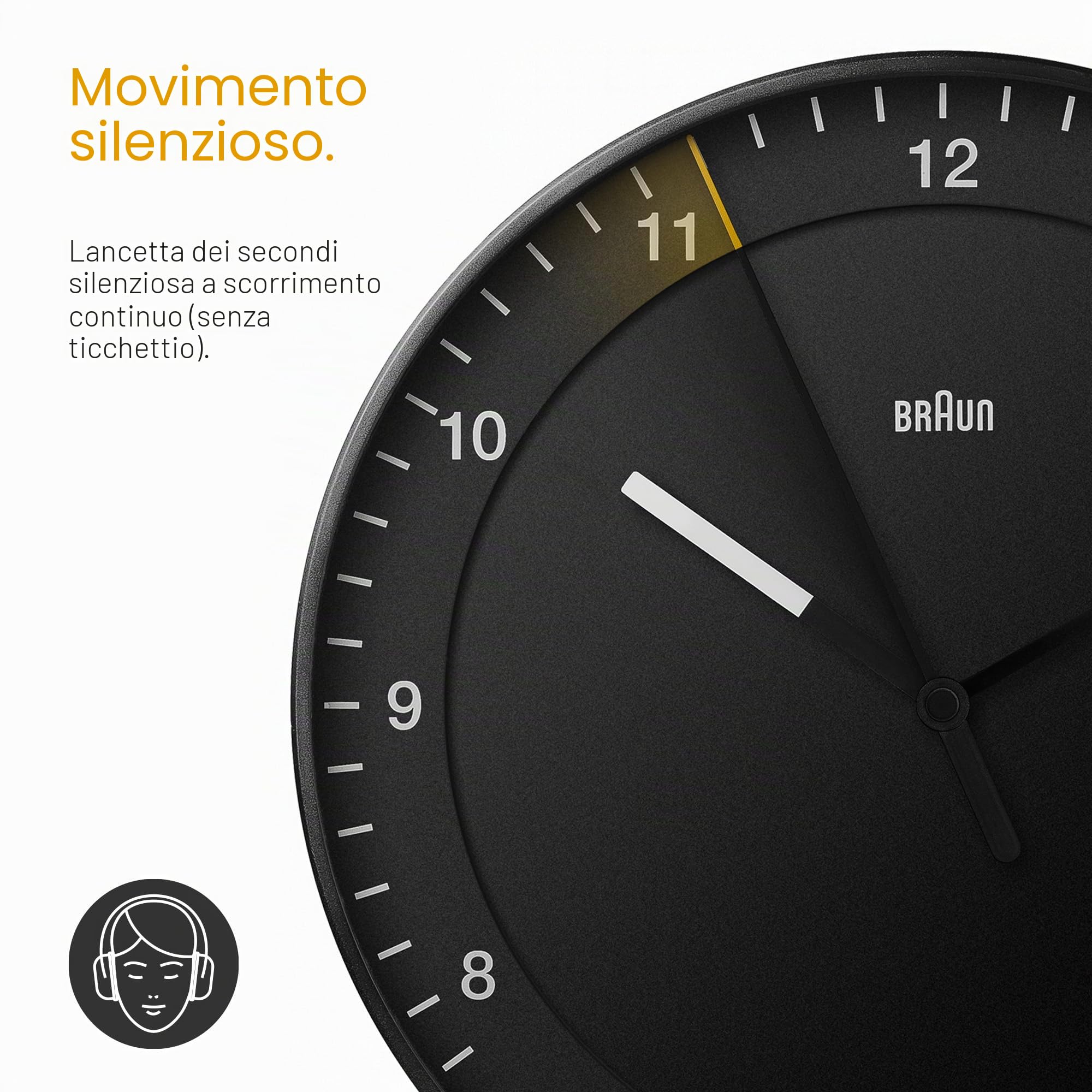 Braun Orologio da Parete Grande Analogico Classico Movimento Continuo Silenzioso, Facile da leggere, Diametro di 30 cm, Colore Nero, modello BC17B.