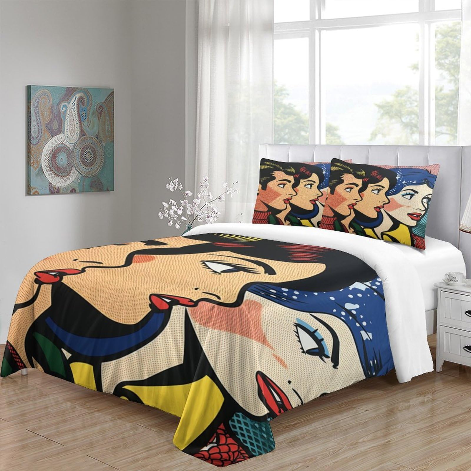 Set Copripiumino Coppia Pop Art 3D Stampato 3 Pezzi Microfibra Decorazione Camera da Letto Set Biancheria Letto Moderno per Giovani Adulti Regalo King（220x240cm）