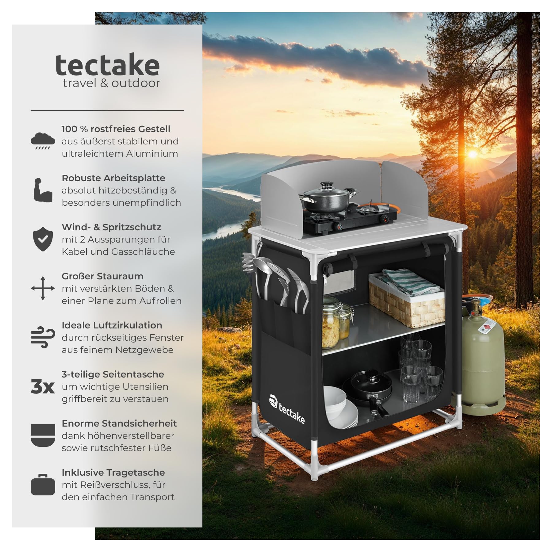 tectake® Camping Küche, Campingschrank faltbar, Reiseküche, Küchenschrank mit Arbeitsplatte und Staufächern für Outdoorküche, Vorzelt, Wohnwagen oder Auto Camping mit Tragetasche