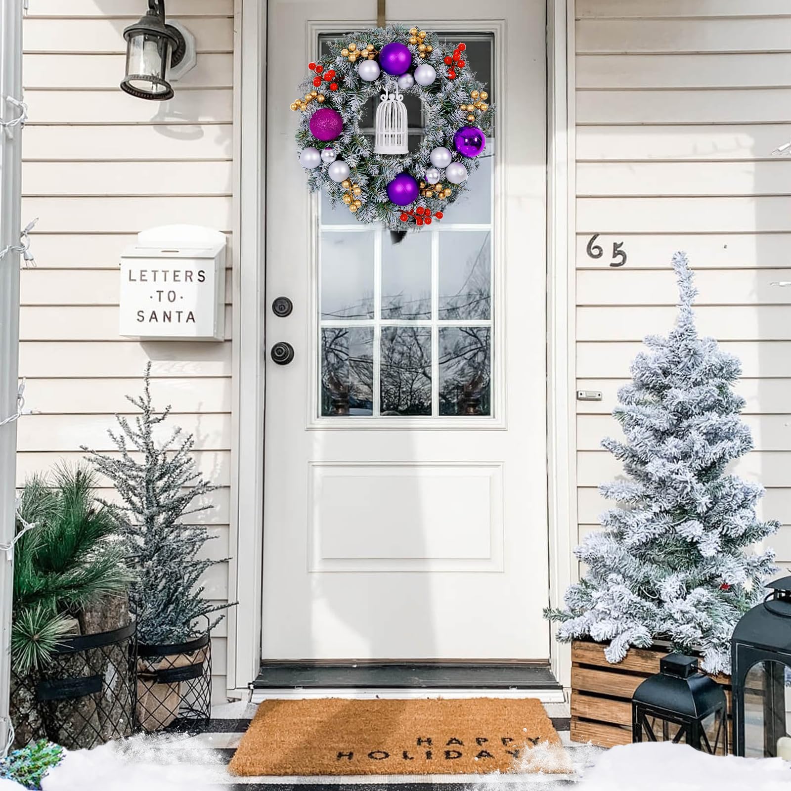 Minicoco 30CM Christmas Wreaths with Bow- Artificial Xmas Garland for Front Door, Purple - Image 4