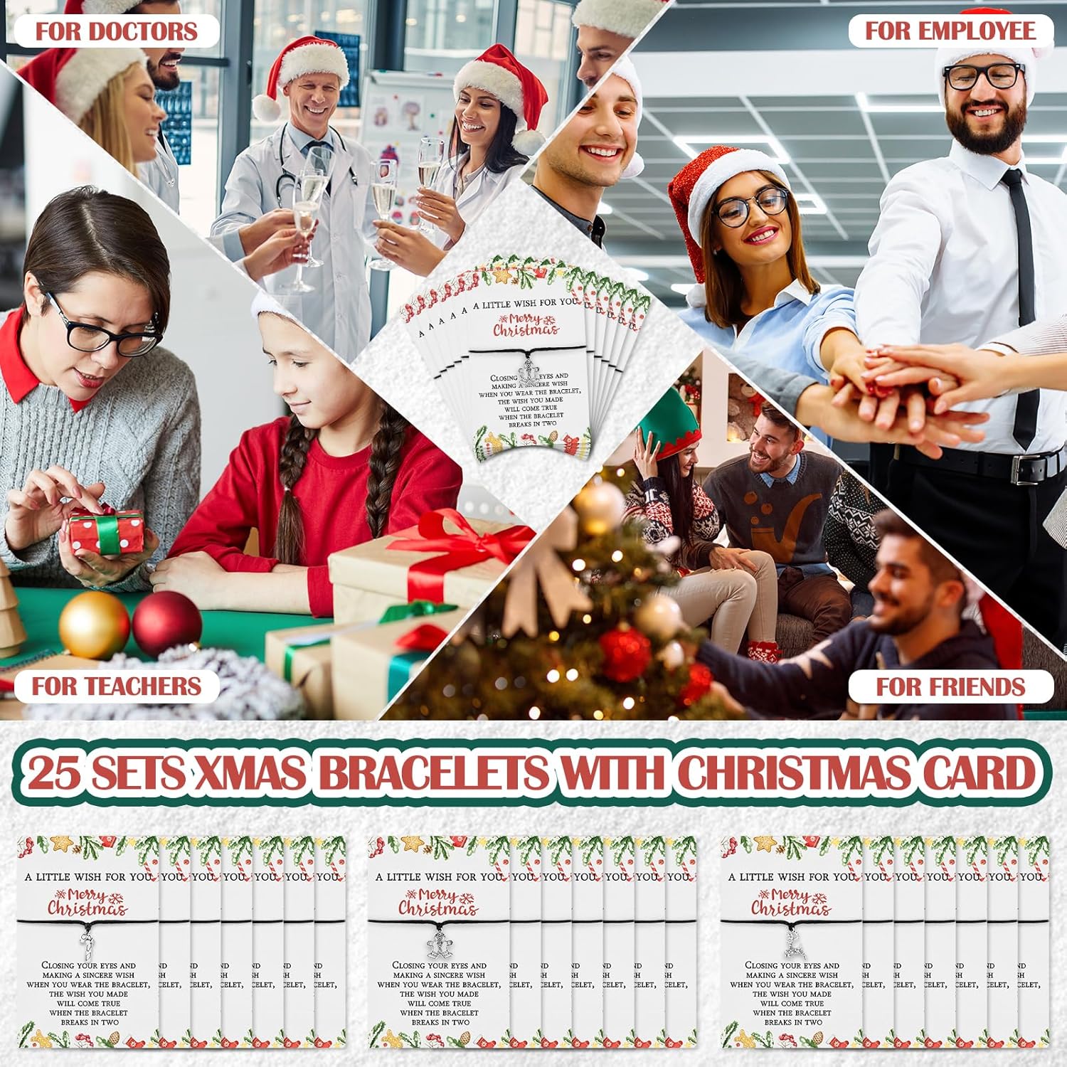 24 Sets Christmas Wish Bracelets for Women Candy Cane Adjustable Braided Wax Rope Elk Gingerbread Bracelets with Christmas Card for Friends Coworkers Gift - Image 6