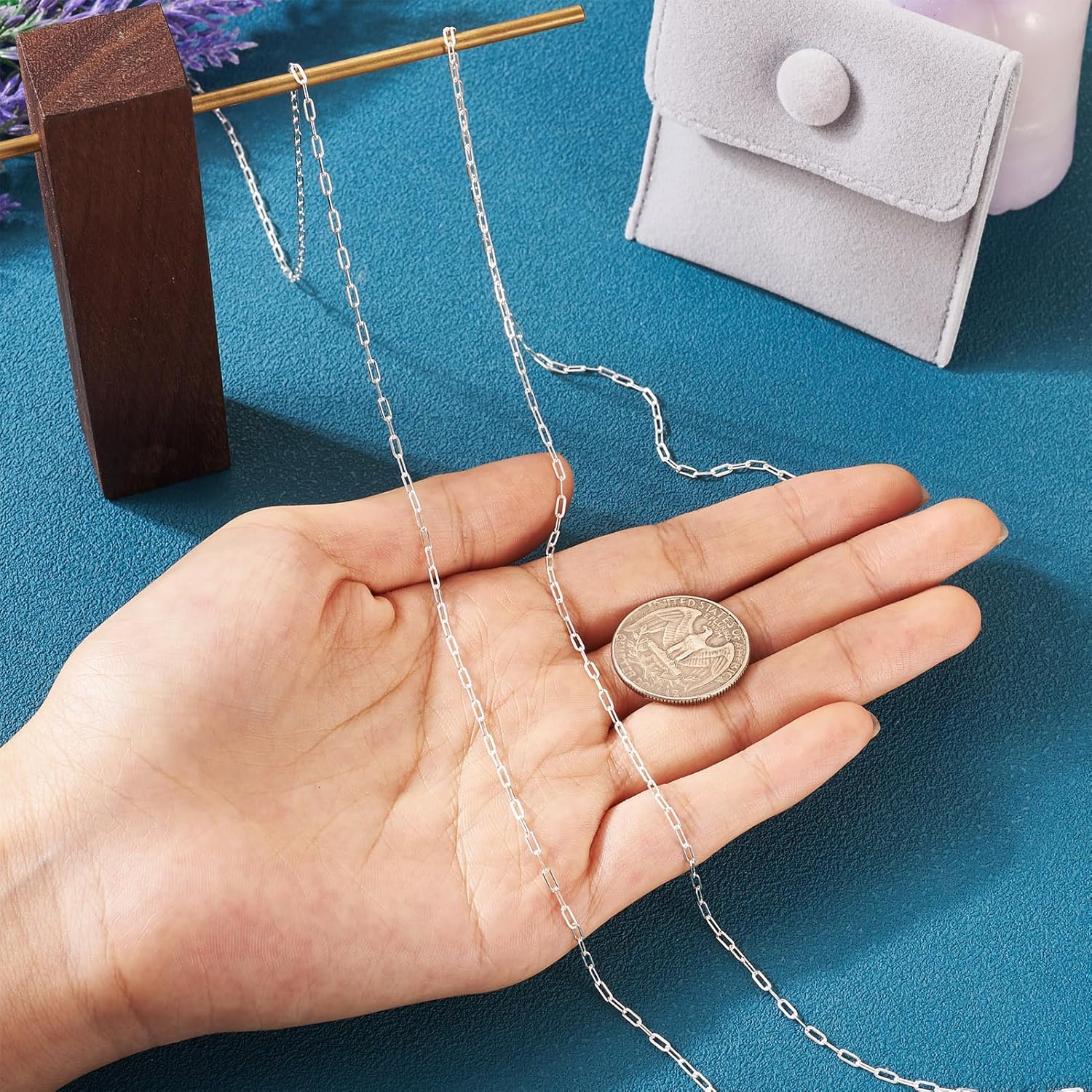 Pandahall 1M 925 Sterling Silver Paperclip Chains Bracelet Necklace Jewelry Chains 4x1.7x0.3mm Soldered Silver Oval Link Chains for Permanent Jewelry Making with Polishing Clothe & Velvet Bags - Image 6