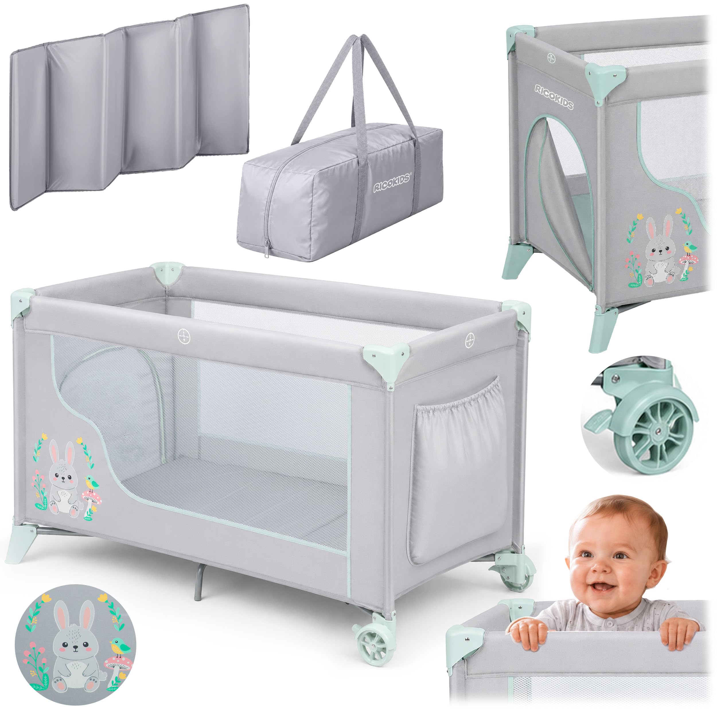 Ricokids Reisebett Baby Mit Matratze 123,5 x 64 x 76 cm Kinderreisebett Babybett Bis 15 kg 2 Räder Mit Bremsen Abnehmbarer Seiteneingang Transporttasche Faltbar Kompakt Hellgrau Lavendel