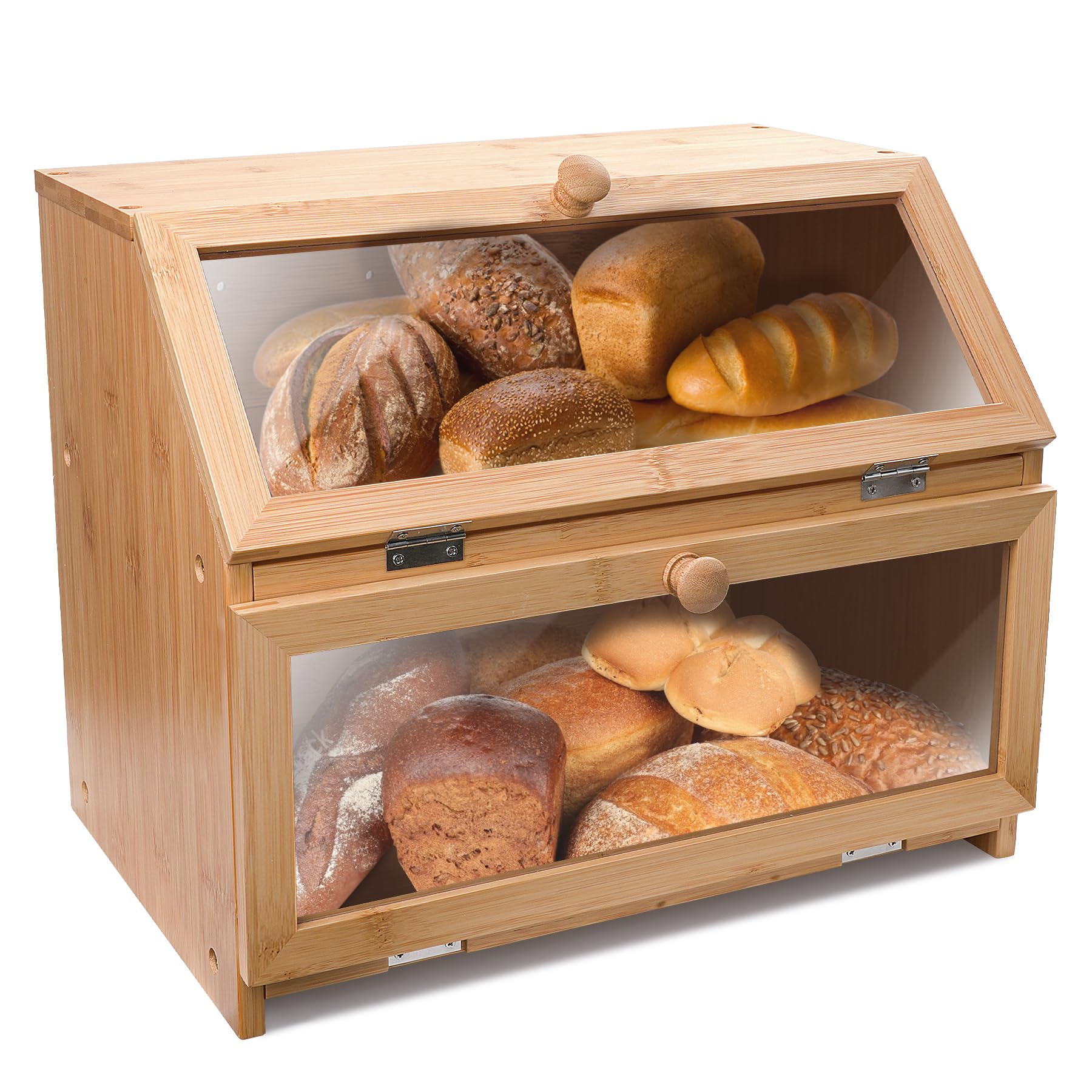 Purbambo Bamboo Bread Box for Kitchen Countertop, 2 Independent Compartments, Double Layer Bread Storage Boxes With Clear Windows