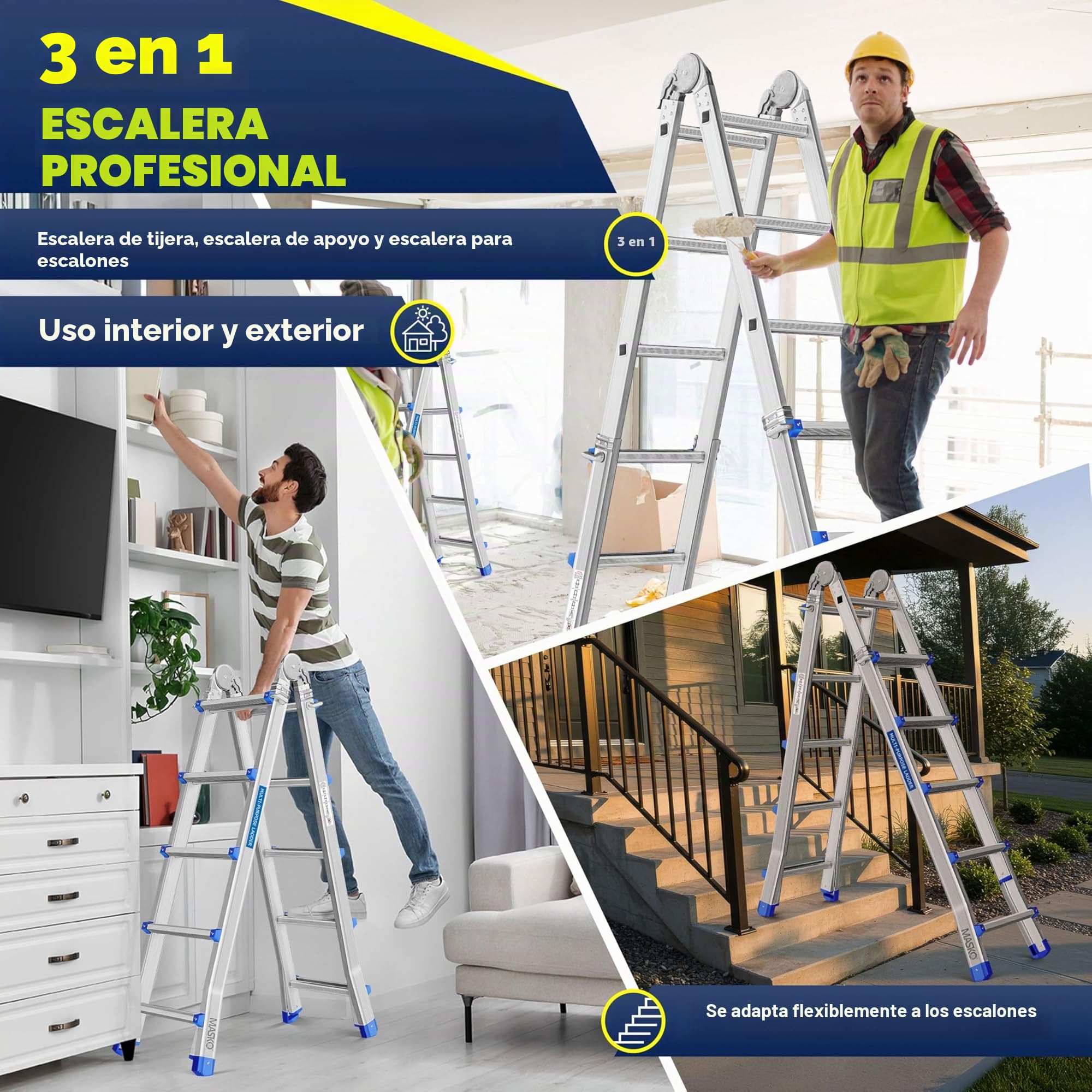 MASKO® Escalera de Aluminio multifunción 5,10m 4x5 peldaños Escalera telescópica ✓ Escalera multifunción ✓ Escalera Plegable Escalera de Caballete Escalera Extensible Escalera de Tijera de Doble Cara