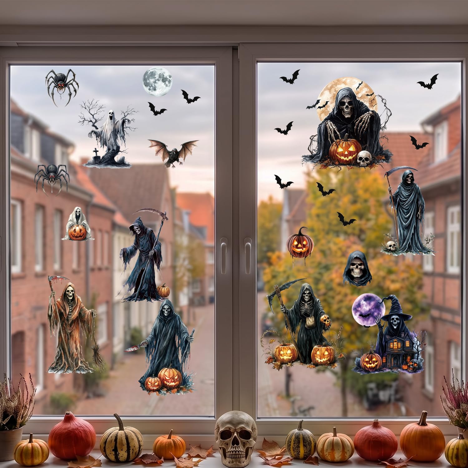 KAIRNE Halloween Watercolour Grim Reaper Skeleton Pumpkin Wall Stickers Set