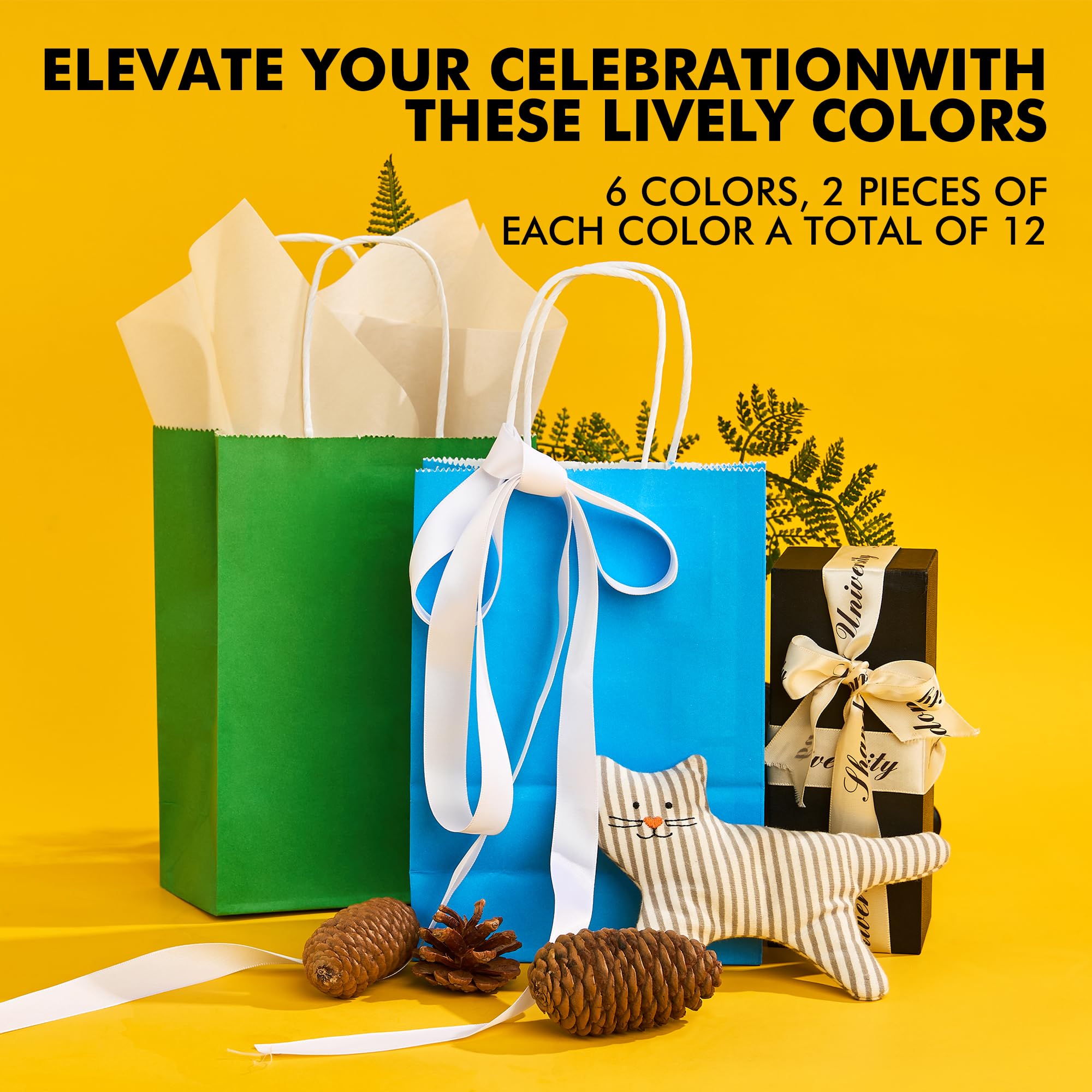 RACETOP 12 Pack Small Paper Gift Bags with Handles, 5.8"×3.2"×8.25" Kraft Paper Party Favor Bags Bulk for Kids Birthday, Baby Shower, Crafts, Wedding, Party Supplies (6 Colors)