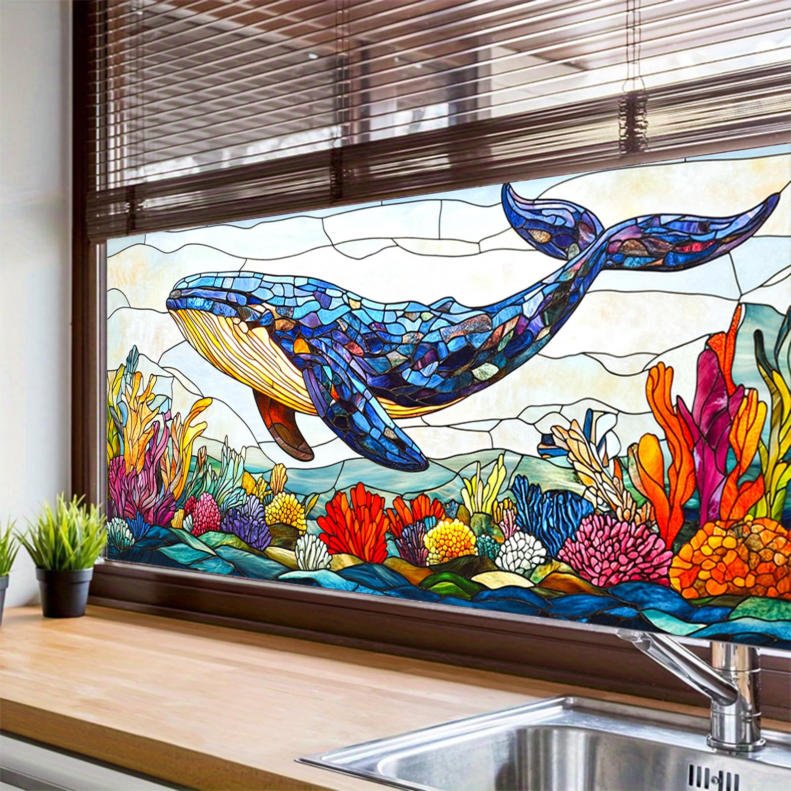 HOMETITUTE Whale Ocean Sea Life Privacy Window Film 39.3x17.7 Inch PVC