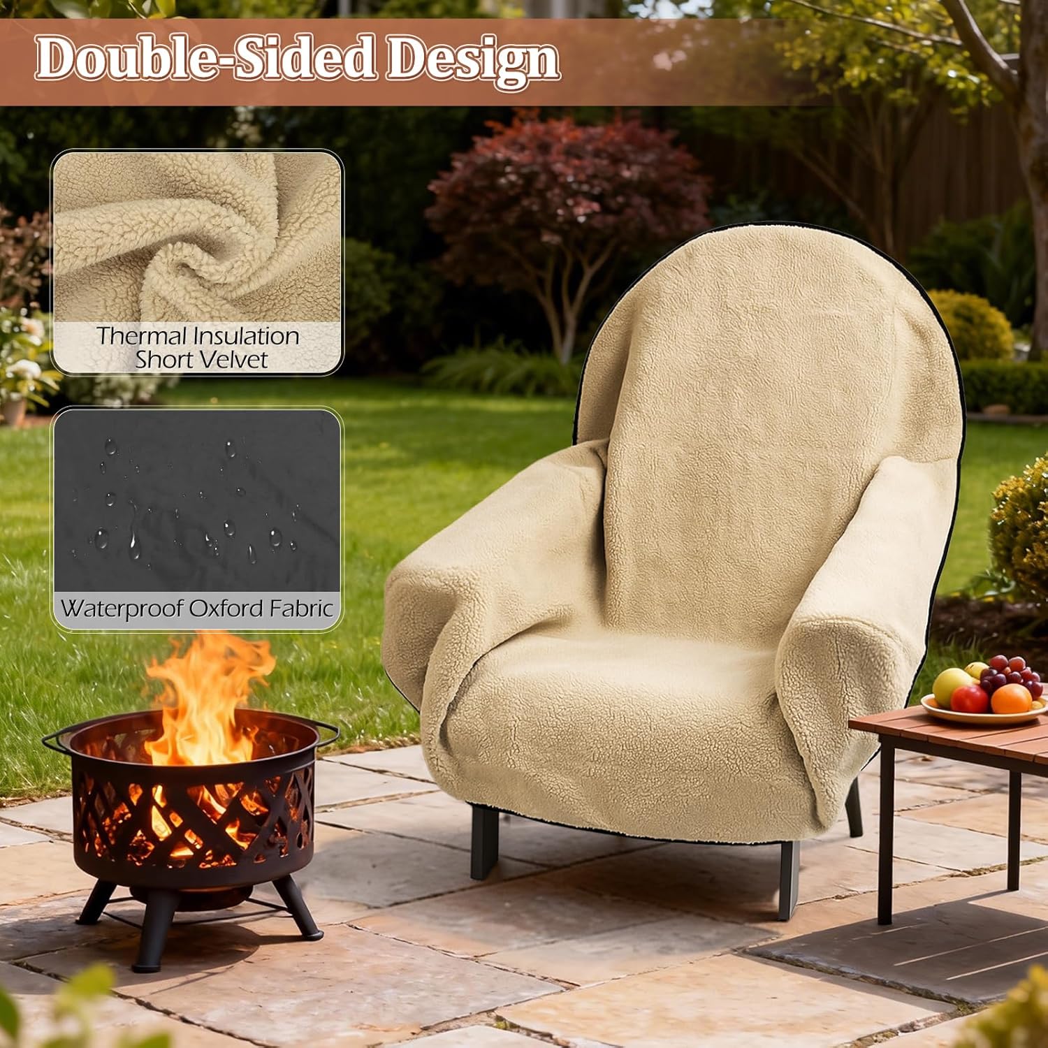 Reversible Sherpa Chair Cover Blanket with Waterproof 300D Oxford Back, Adjustable Drawstring, Non-Slip Design, Fits Chairs up to 23" – Ideal for Winter Home & Patio Use (Beige) - Image 2