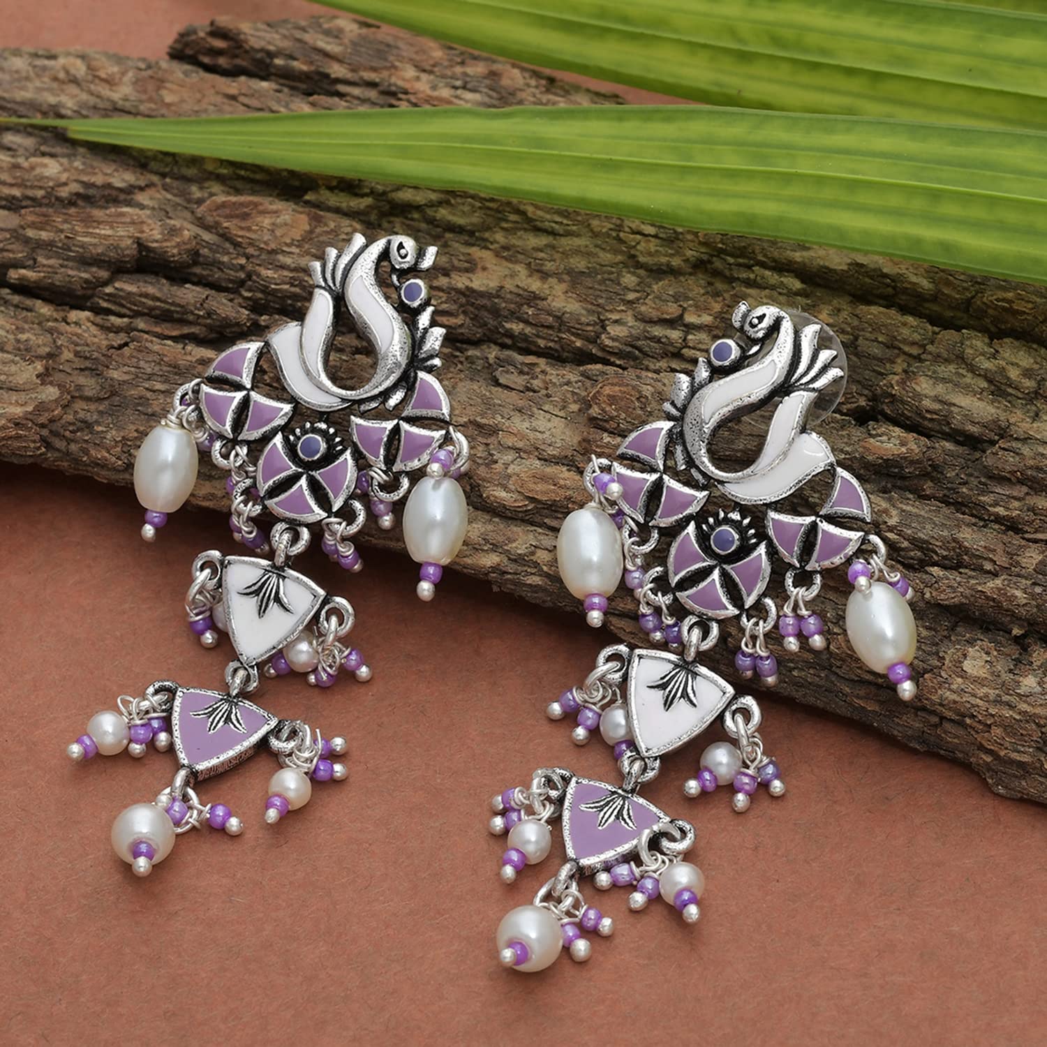 Peacock Motif Faux Pearls Drop Earrings