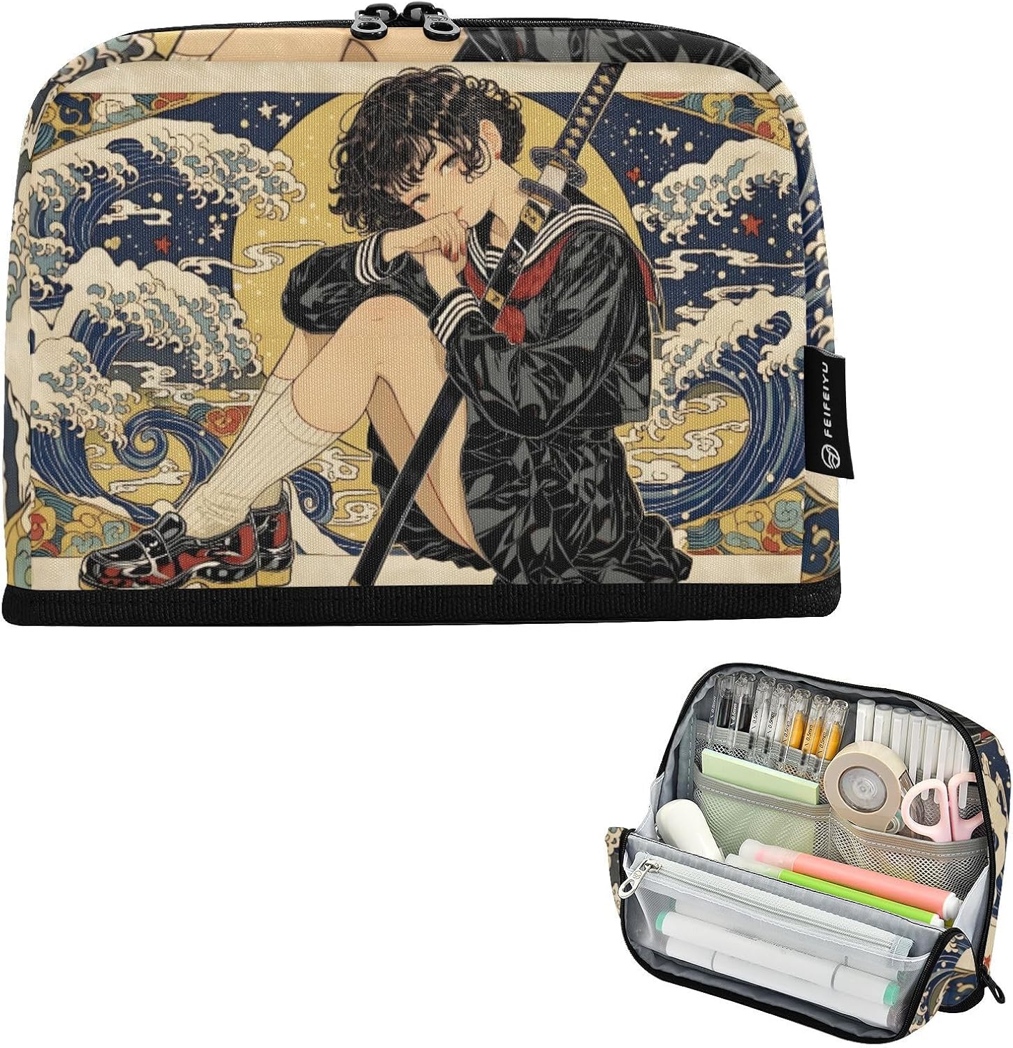 Pencil Case Retro Japanese Anime Print Large Capacity Pen Pouch Bag for School College Office, Stationery Organizer with Zipper Compartments for for Kids Teens Adults