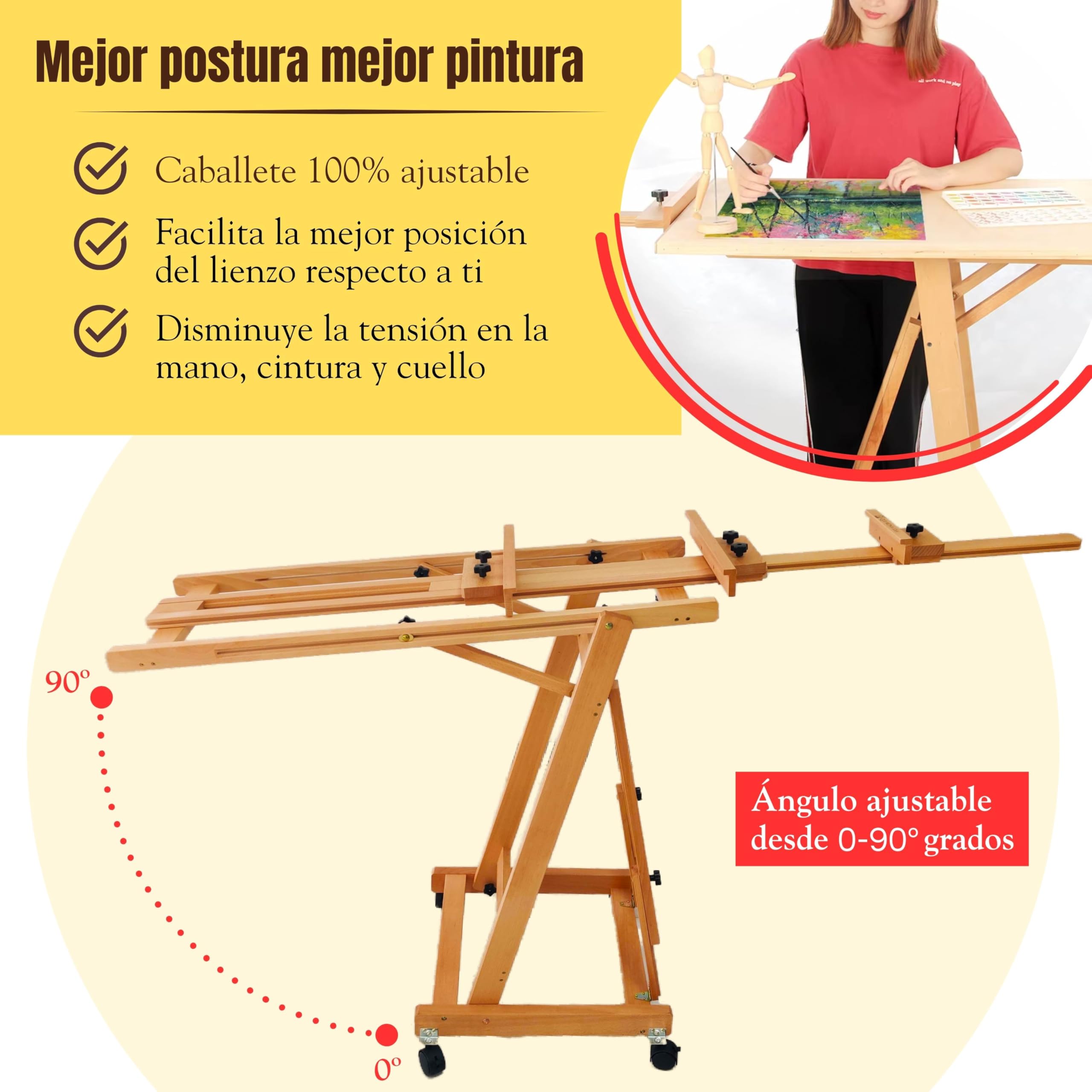Caballete plegable profesional RENOIR, Altura Ajustable para lienzos grandes, Soporta 2 canvas a la vez, Caballete de Madera de Haya para Pintar, Atril grande pintura Fácil de Montar
