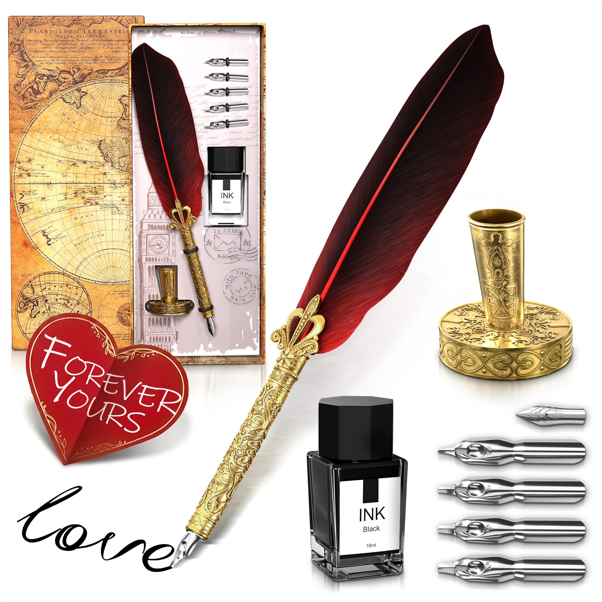 Red Feather Quill Pen and Ink Set - 11.4" Antique Feather Pen and Ink Set with Stainless Steel Nib for Calligraphy Practice, Drawing & Signatures -