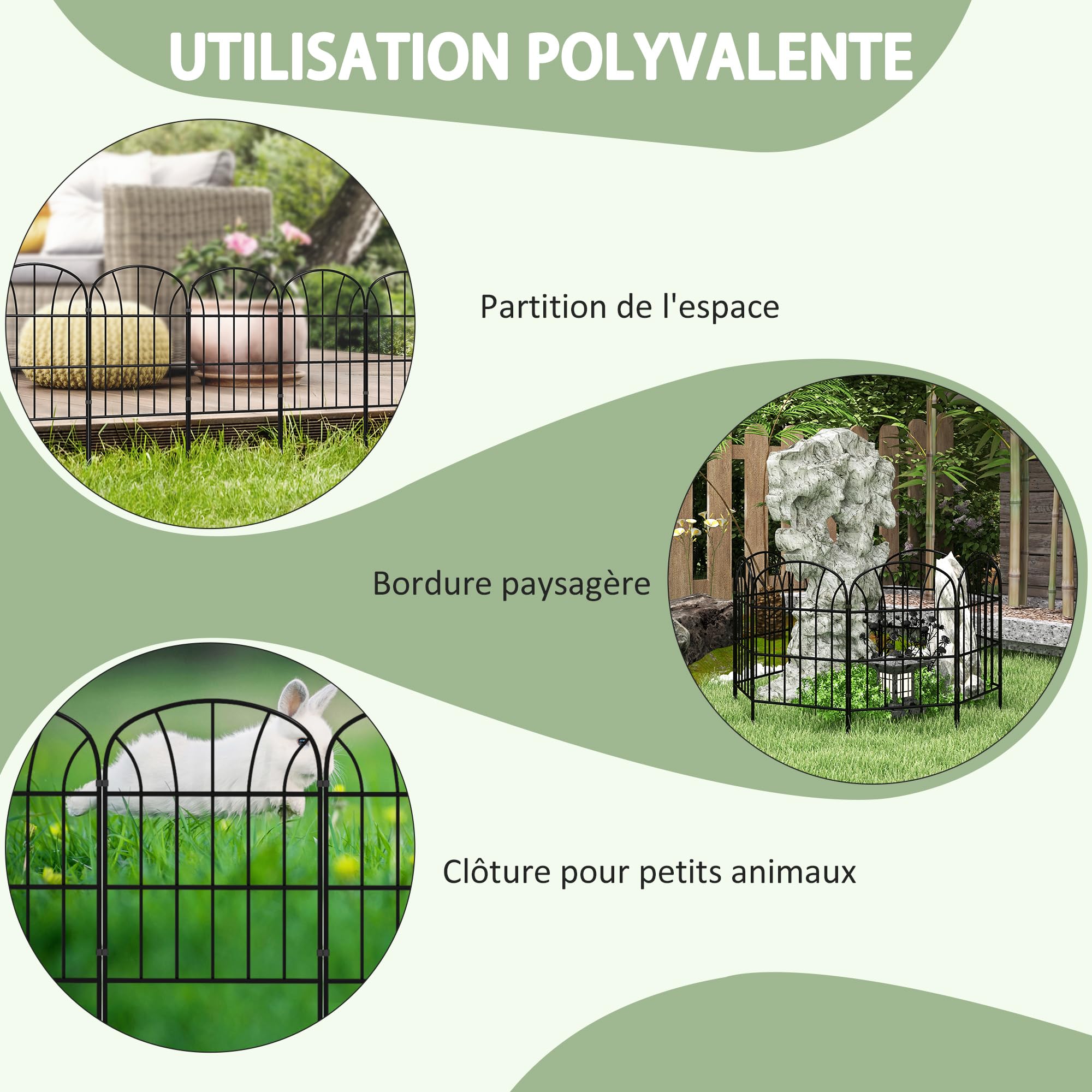 Outsunny Lot de 8 Clôtures de Jardin Décoratives Bordures 264 x 61 cm Noir