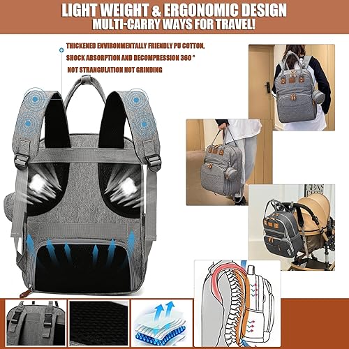 Miniatura 3 de Heegel Mochila multifuncional impermeable para pañales - Bolsa de pañales de gran capacidad con mochila para pañales de bebé, Gris, Ocio