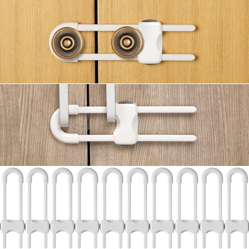 10 Pack Baby Proof Cabinet Locks Adjustable U Shaped,White | No Adhesive No Drill Child Safety for Cupboards Doors Fridge Closet, Fits Knobs or Handles, Pet Proof Without Tool Install