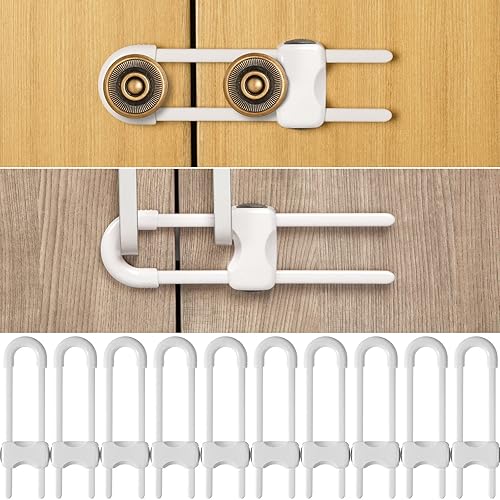 Jetec 10 Pieces Cabinet Locks for Babies, U-Shaped Proofing Drawers Safety Child Locks Adjustable, Easy to Use Childproof Latch for Knob Handle on Kitchen Door Storage Cupboard Closet (White)