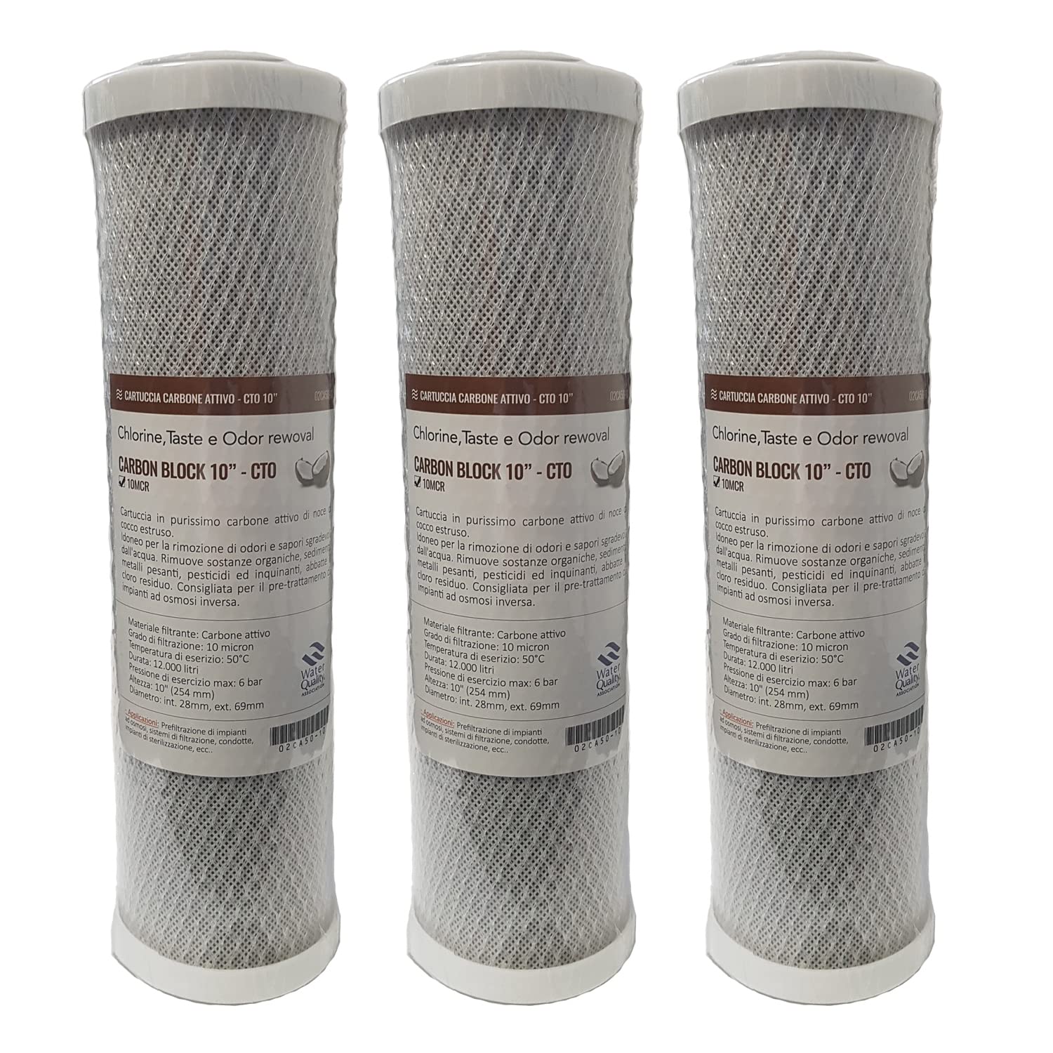 3 Filtri A Carbone Attivo 10" CBC-CTO - Per Sistemi Osmosi Inversa E Depurazione Acqua